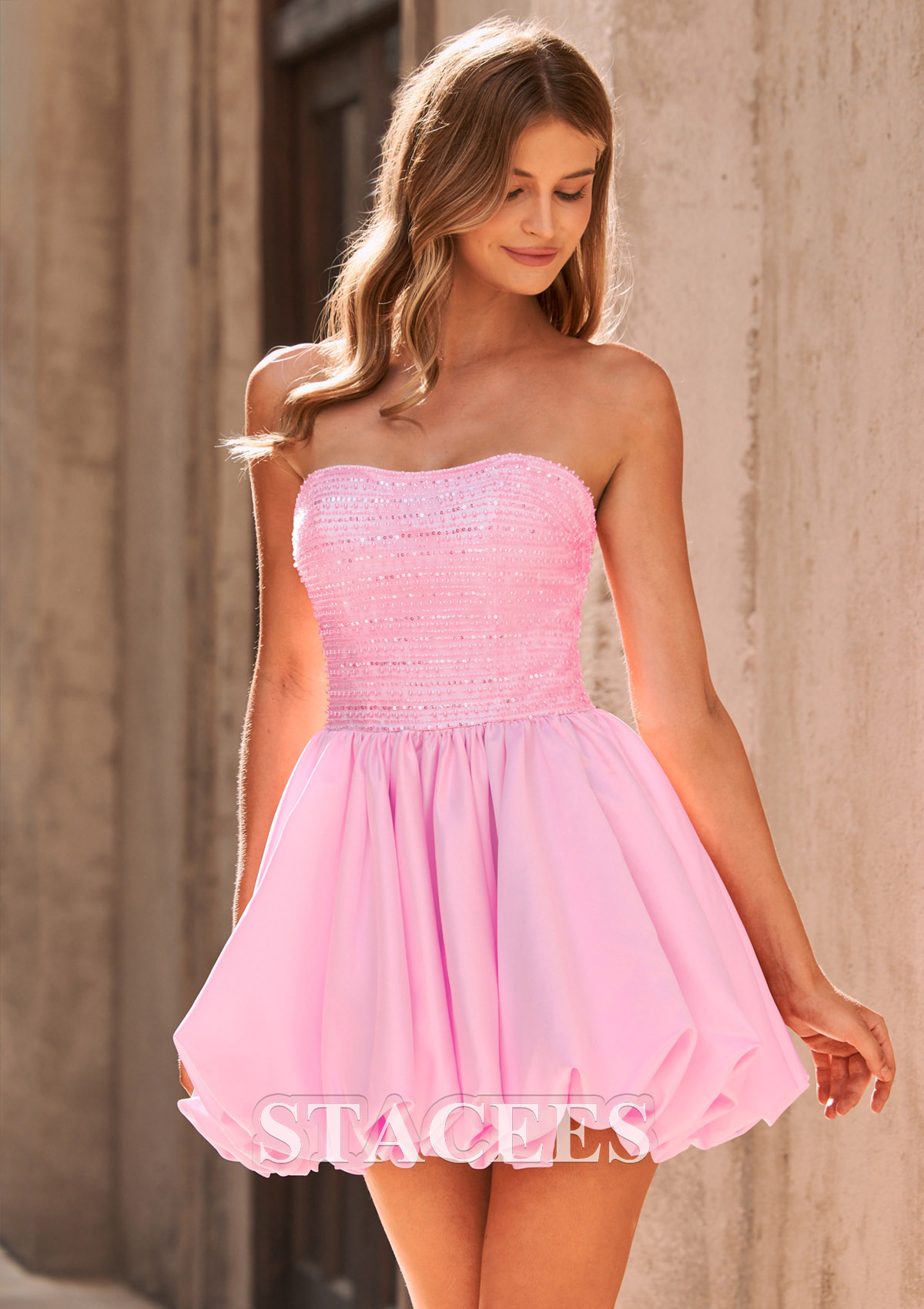 Candy Pink A-line Strapless Beaded Satin Bubble Hem Short Homecoming Dress - STACEES