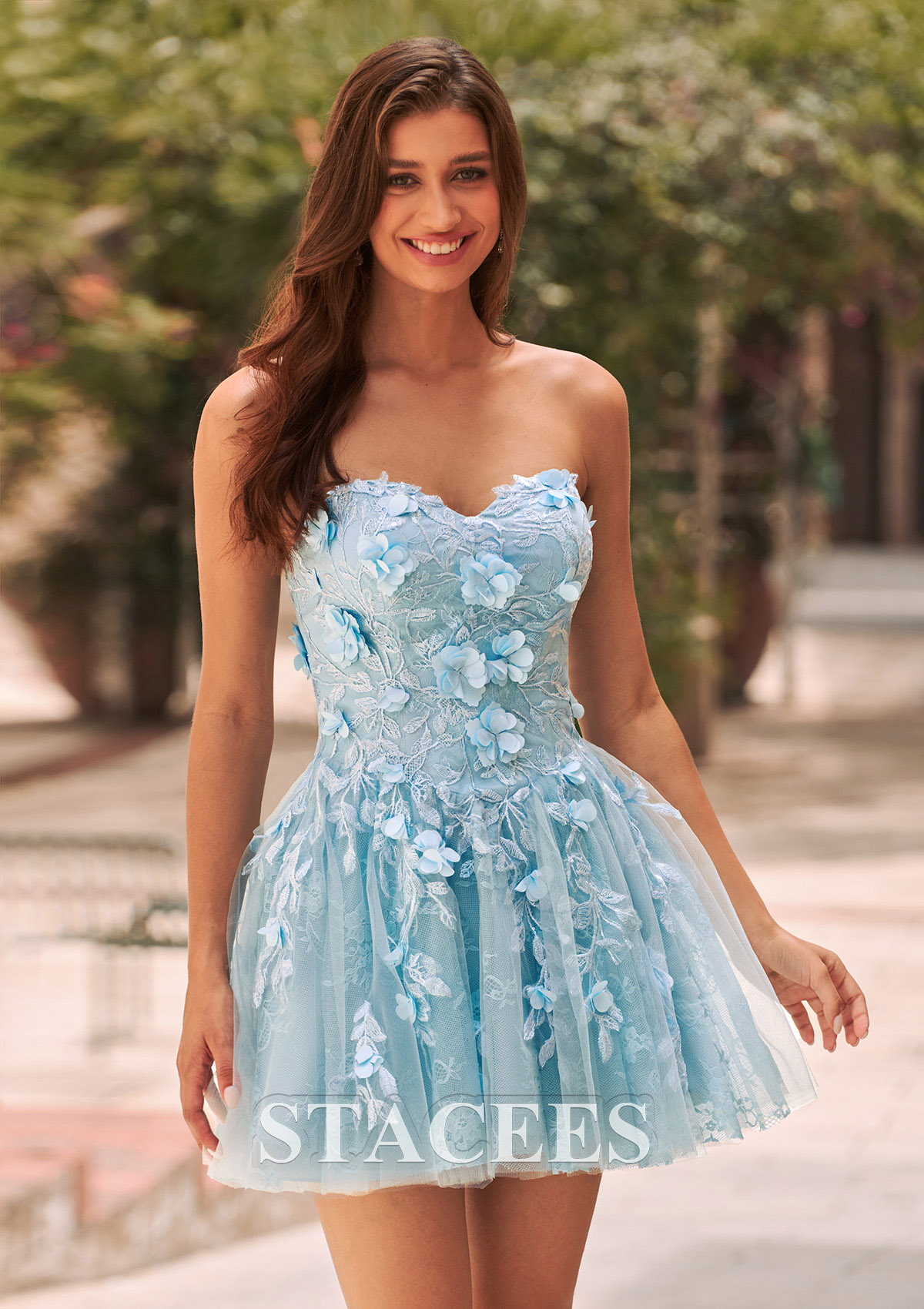 Sky Blue A-line Strapless 3D Floral Lace Homecoming Dress with Lace-up Open Back - STACEES