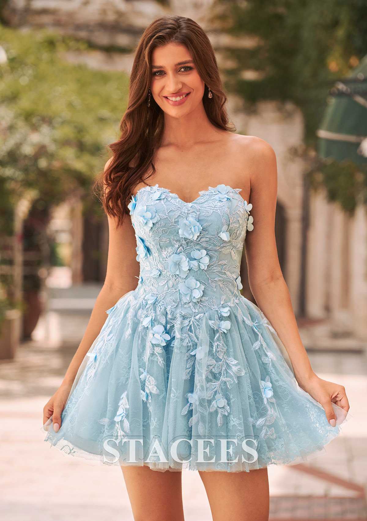 Sky Blue A-line Strapless 3D Floral Lace Homecoming Dress with Lace-up Open Back - STACEES