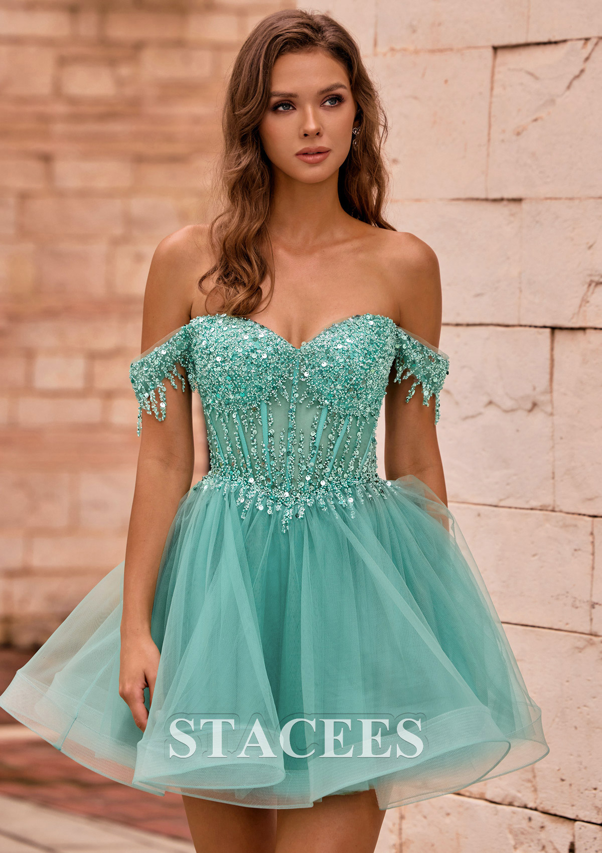 As picture A-line Fringed Off-the-Shoulder Tulle Homecoming Dress with Beaded Sequins - STACEES