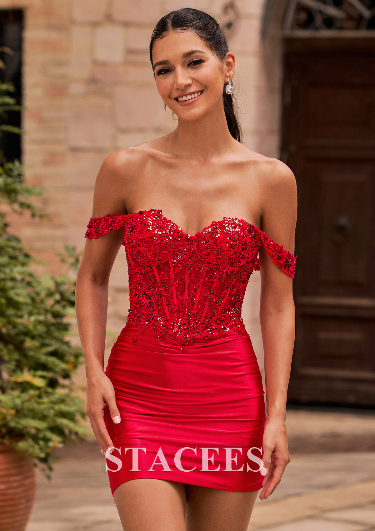 Red Off-the-Shoulder Sequin Lace Corset Silk like Satin Homecoming Dress with Pleats - STACEES