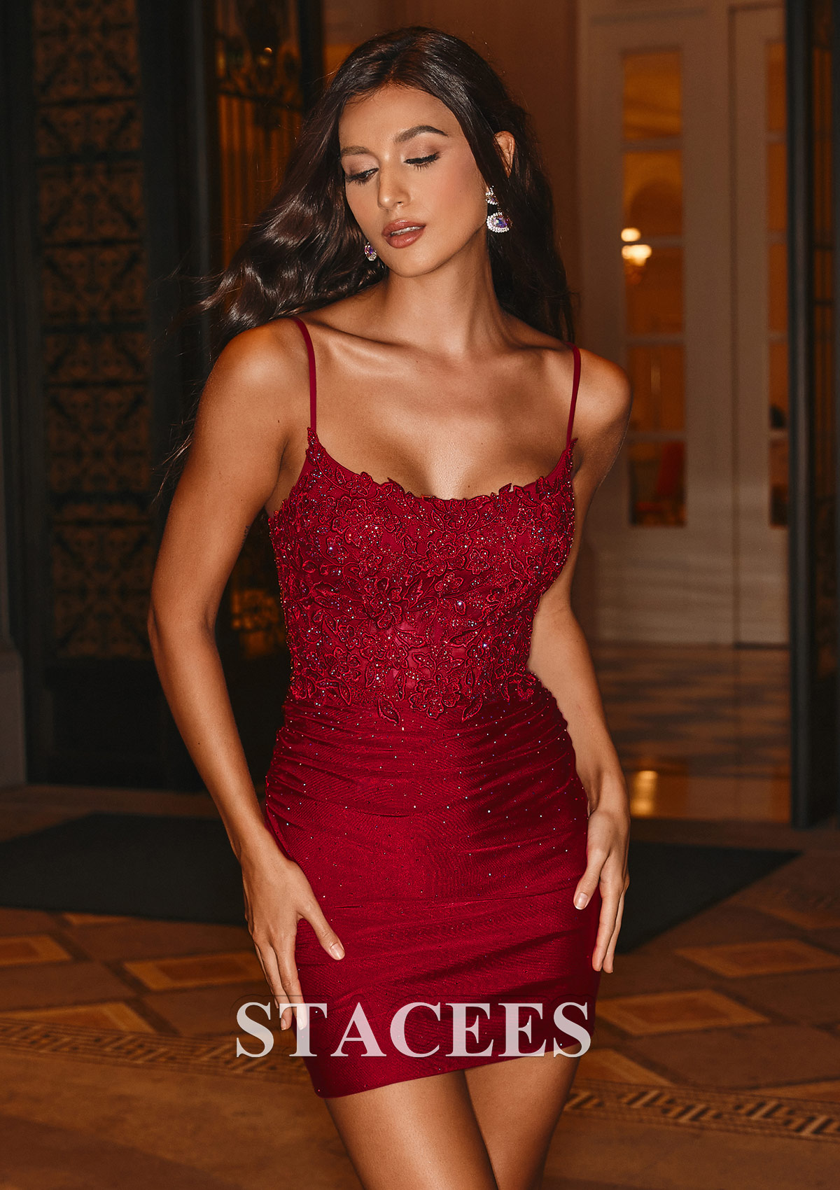 Burgundy Sparkle Lace Sequin Bodycon Homecoming Dress with Spaghetti Straps - STACEES