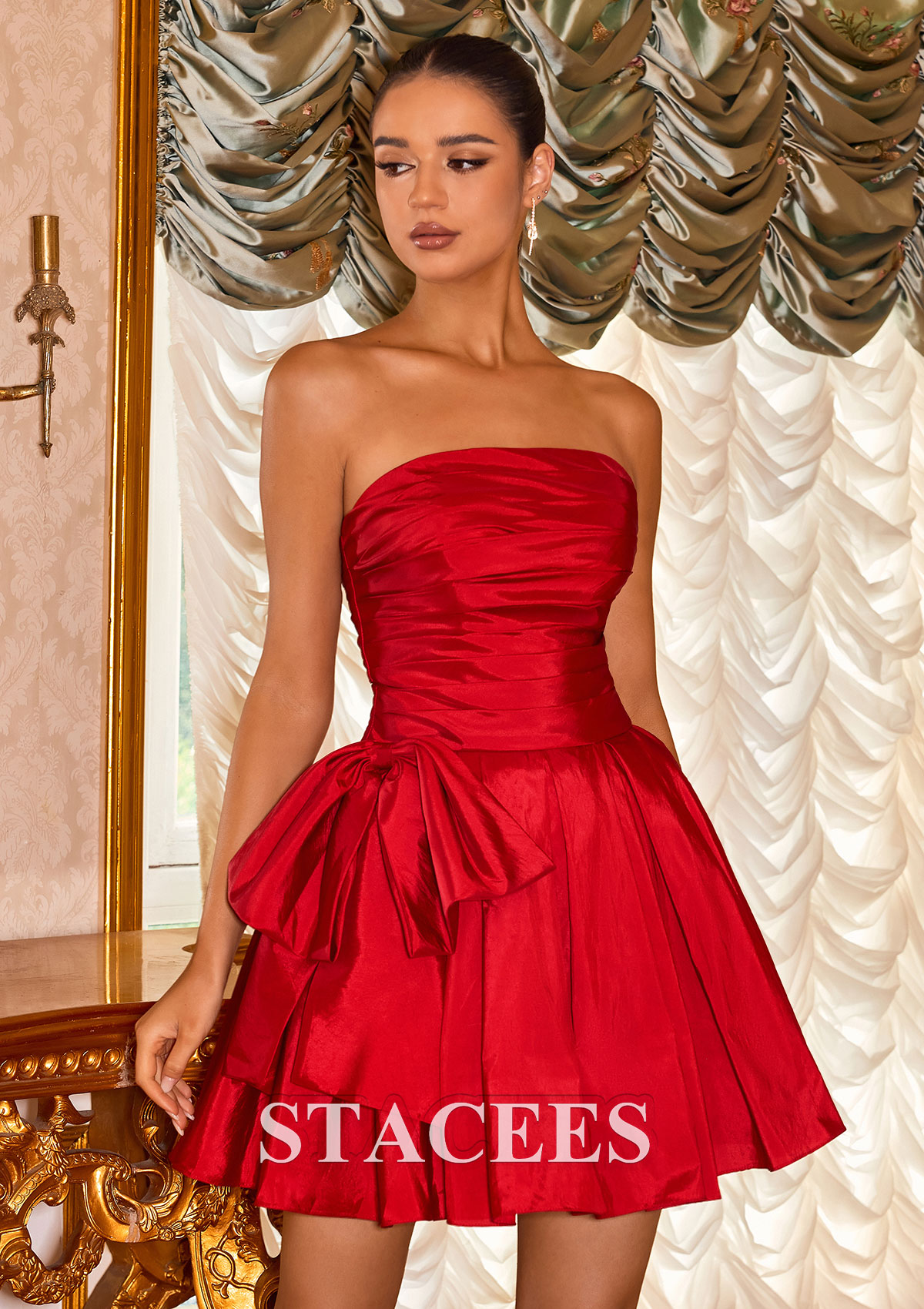 Red A-line Strapless Taffeta Short Homecoming Dress with Bowknot Pleated - STACEES