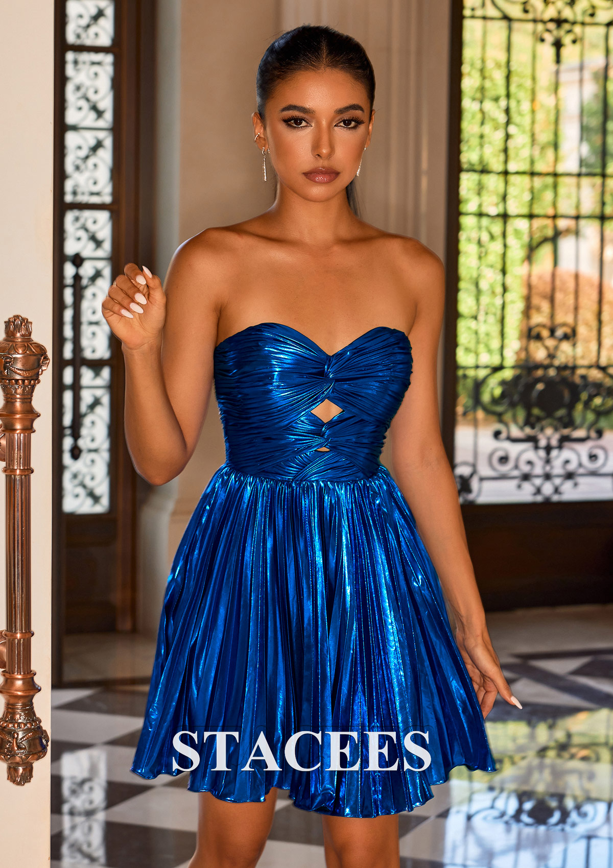 Ocean Blue A-line Strapless Ruched Metallic Short Homecoming Dress with Cut Out - STACEES