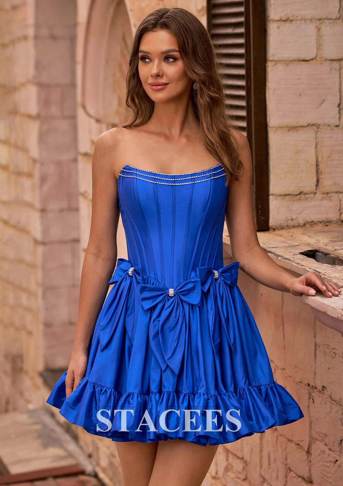 Bleu Royal Robe trapèze bateau taffetas courte/mini robe de fête de la rentrée - STACEES