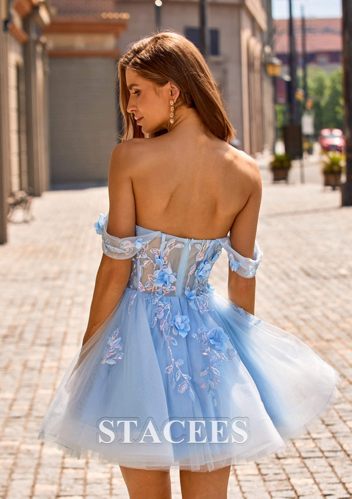 Bleu Ciel Robe trapèze épaule dénudée tulle courte/mini robe de fête de la rentrée - STACEES