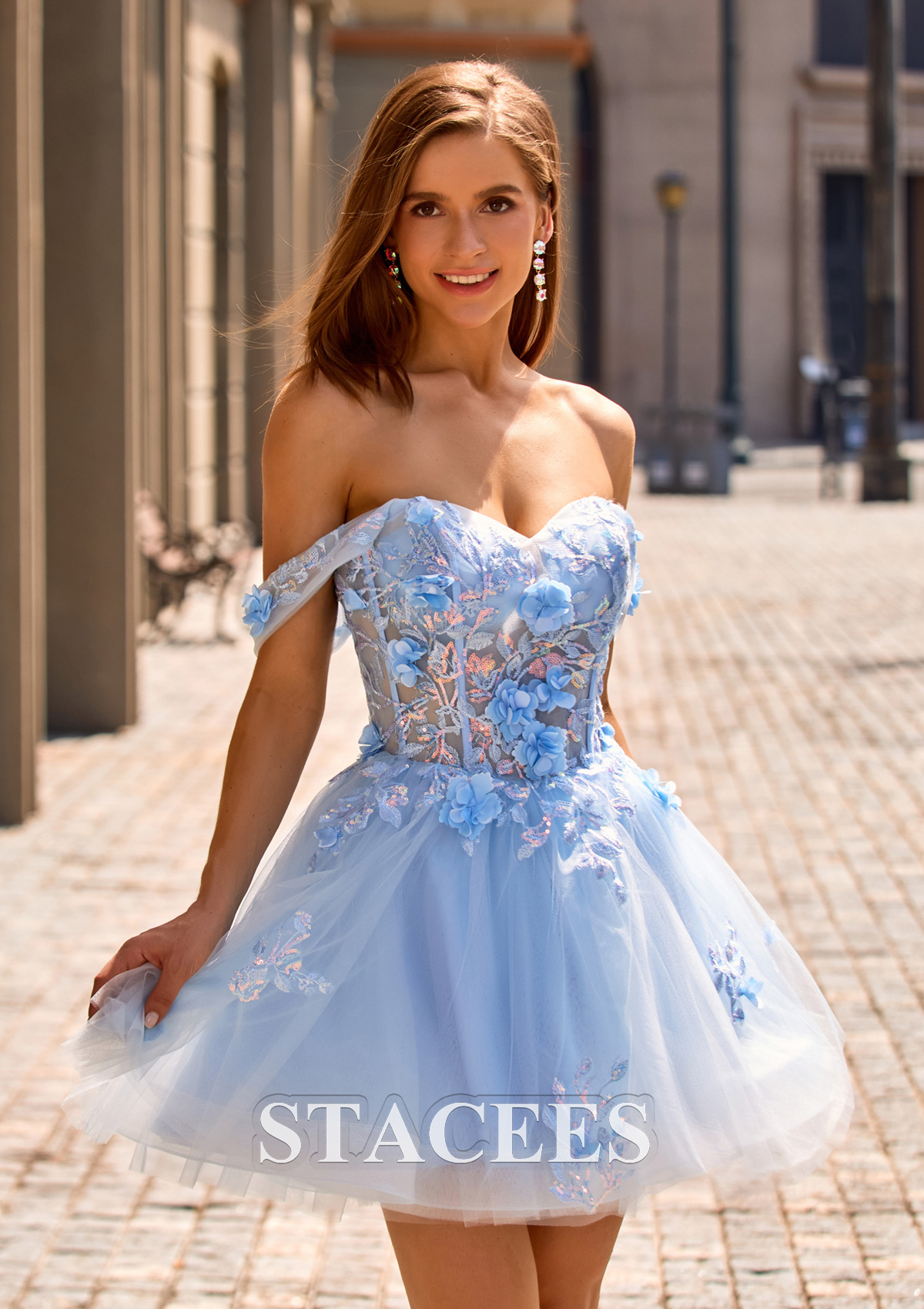 Bleu Ciel Robe trapèze épaule dénudée tulle courte/mini robe de fête de la rentrée - STACEES