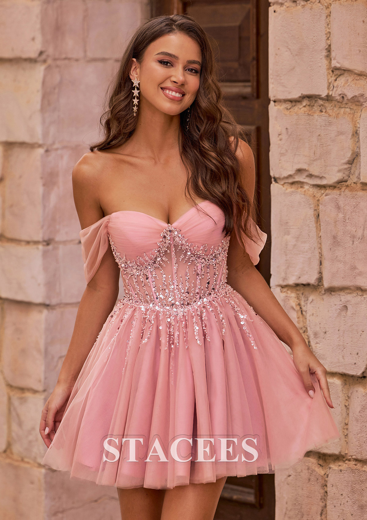 Rosa Empolvado Vestido línea a hombros descubiertos tul corto vestido para homecoming con lentejuelas - STACEES