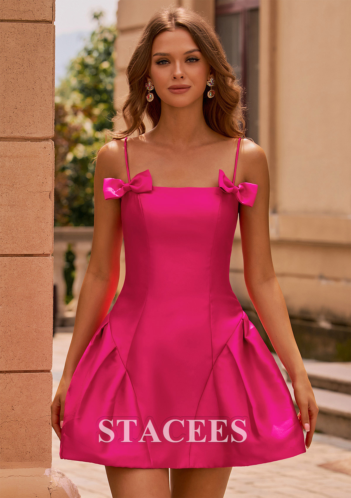 Fuchsia Robe trapèze carrée mikado courte/mini robe de fête de la rentré avec noeuds papillons - STACEES