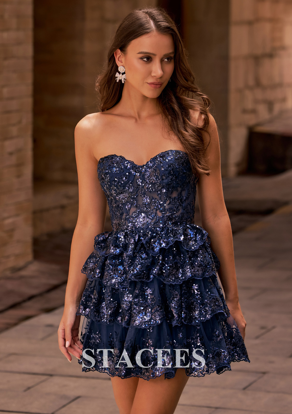 Azul Marino Oscuro Vestido línea a cuello de corazón lentejuelas corto vestido para homecoming - STACEES