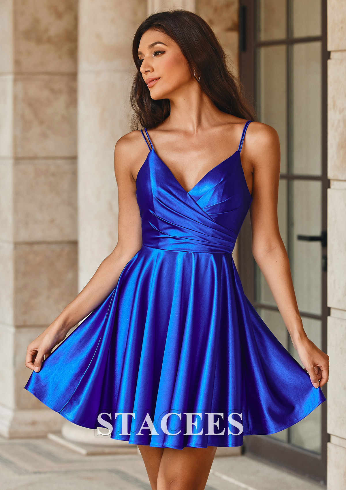 Bleu Royal Robe trapèze col en v soie comme du satin courte/mini robe de fête de la rentrée  - STACEES