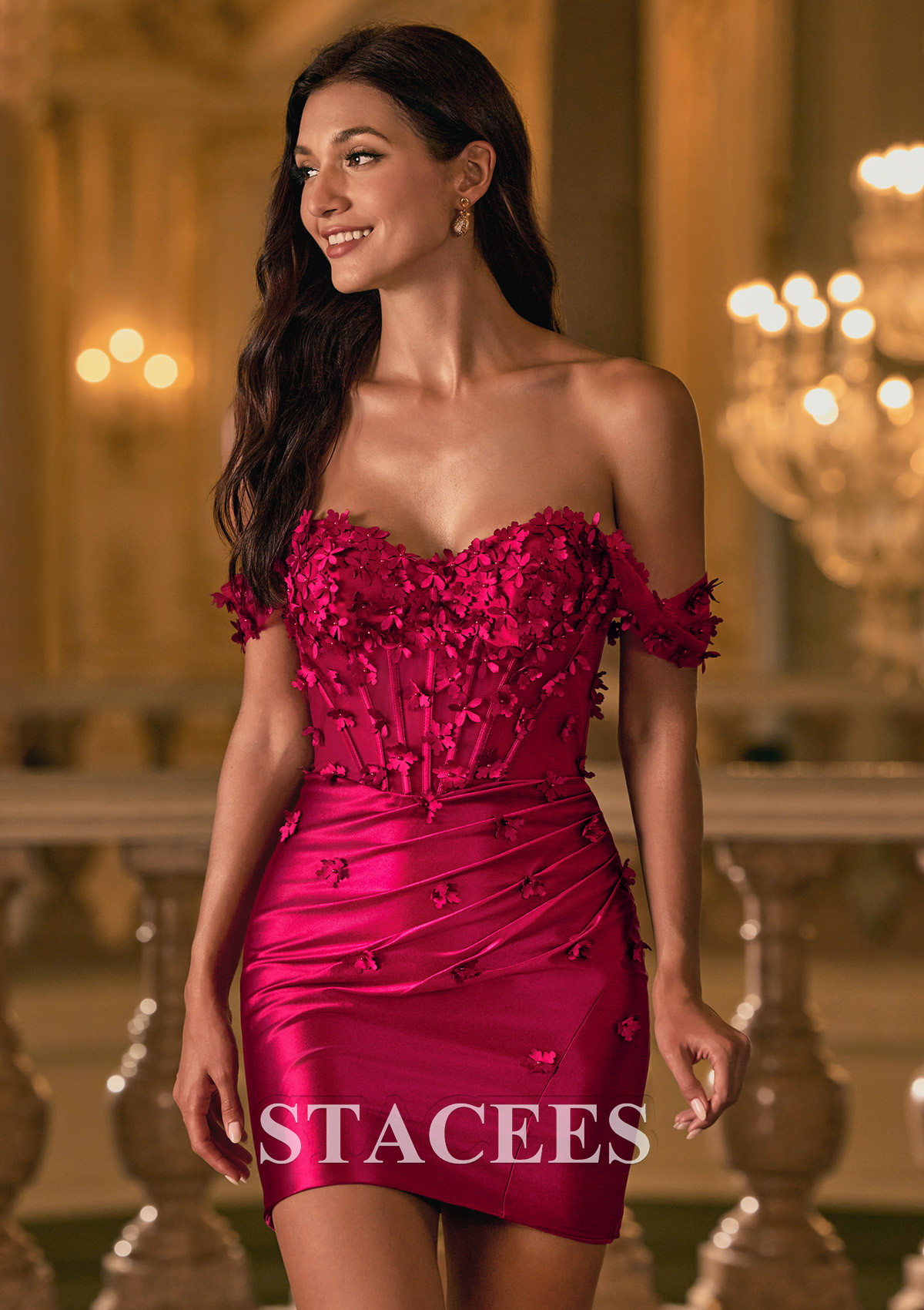 Burgundy Floral Off-Shoulder llusion Corset Bodycon Homecoming Dress with Open Back - STACEES