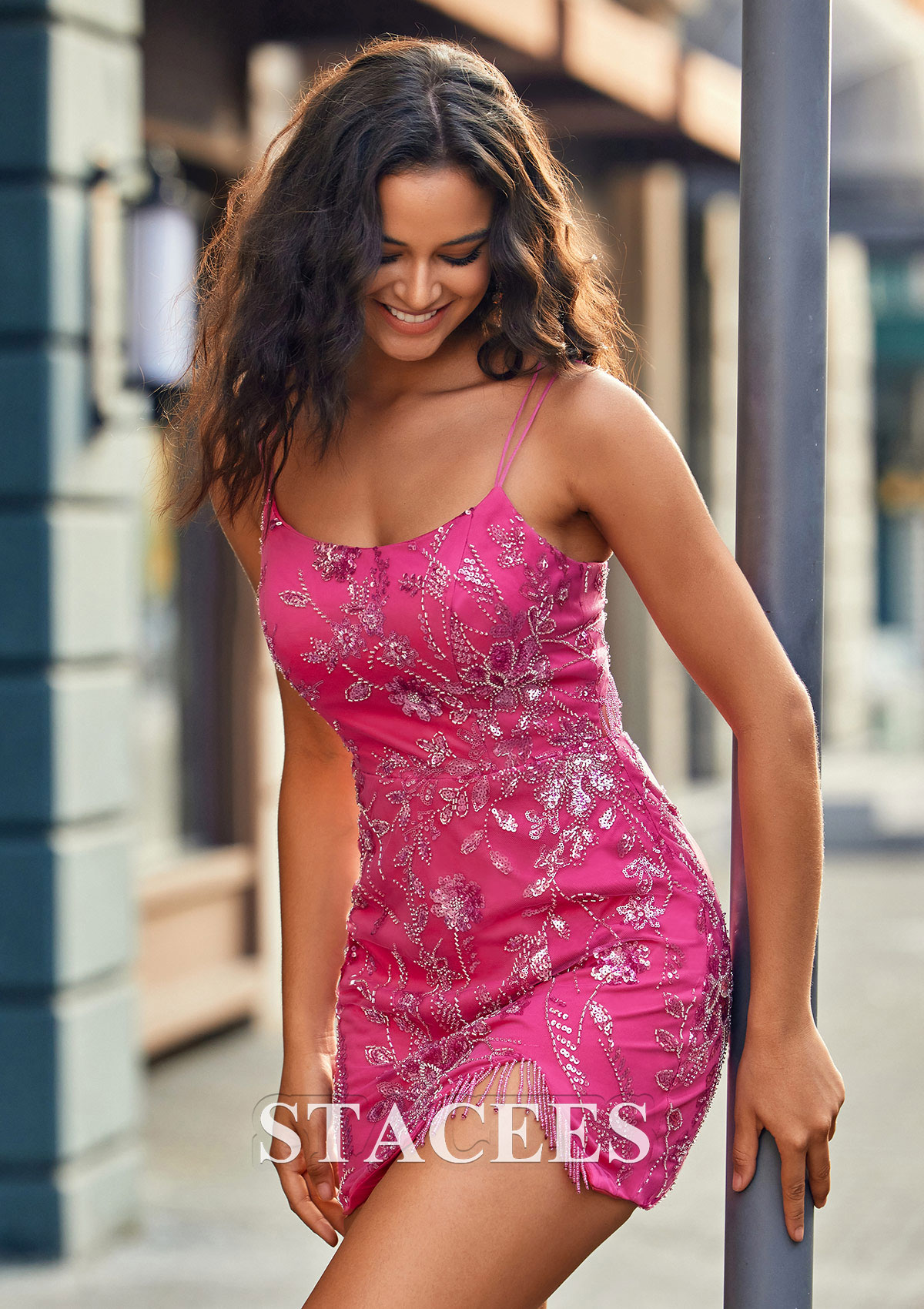 Fuchsia Square Neckline Sequined Fringe Homecoming Dress with Beading Slit - STACEES