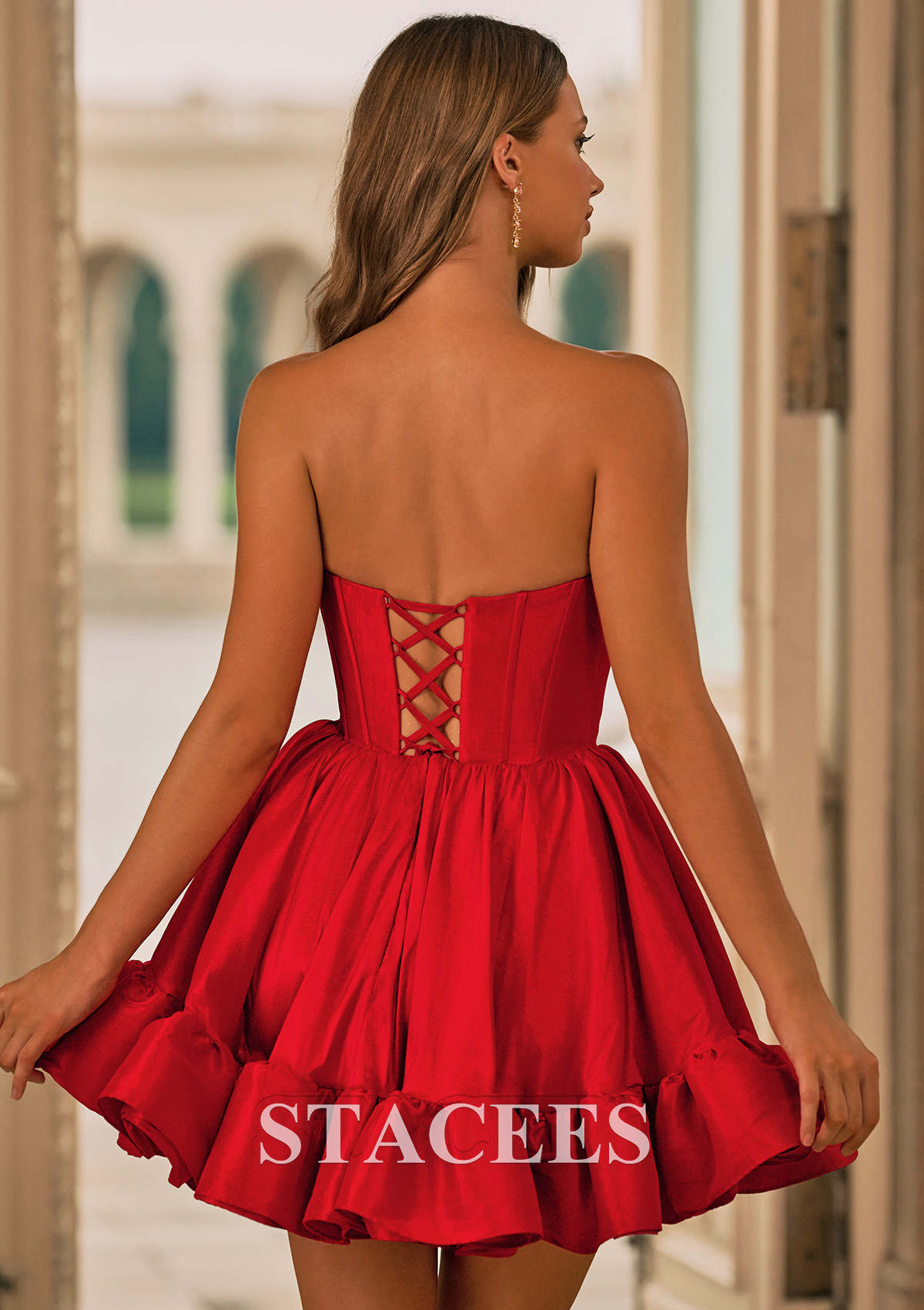 Red A-line Pearl Bateau Taffeta Strapless Corset Ruffled Bubble Homecoming Dress - STACEES