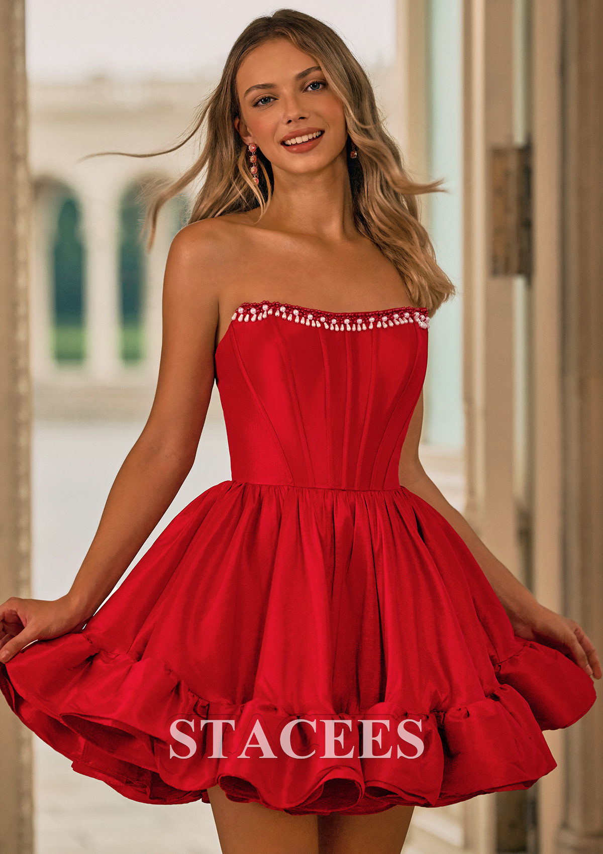 Red A-line Pearl Bateau Taffeta Strapless Corset Ruffled Bubble Homecoming Dress - STACEES