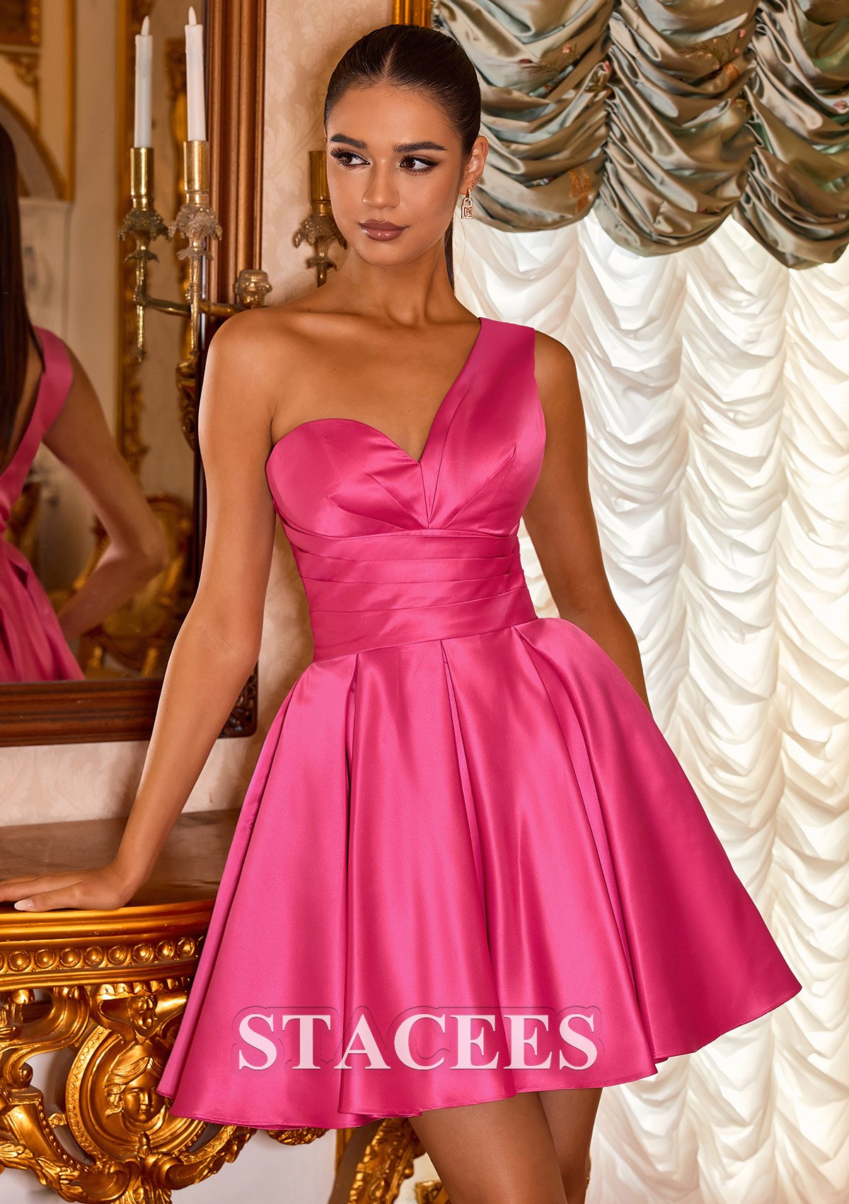Rose Vif Robe trapèze une épaule satin courte/mini robe de fête de la rentrée  - STACEES