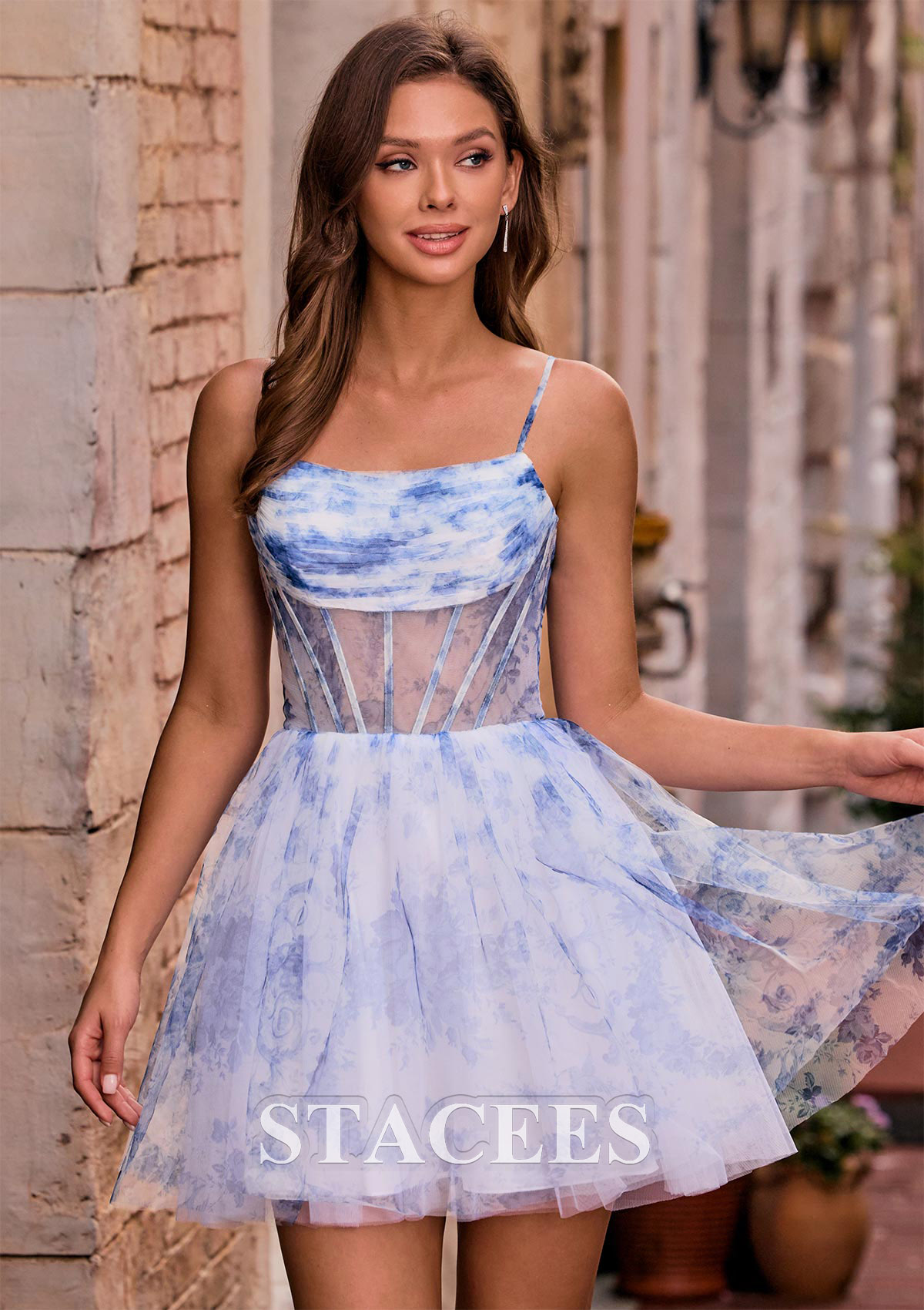 Floral bleu océan Robe trapèze carrée tulle courte/mini robe de fête de la rentrée avec plissé - STACEES