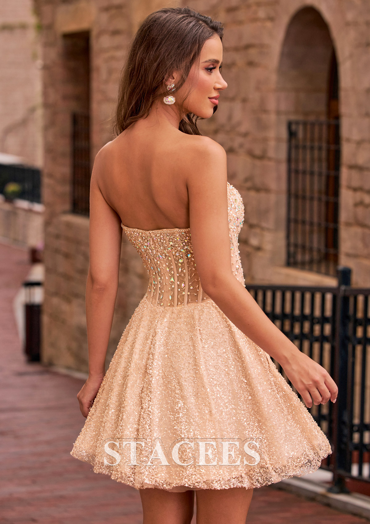 Champán Vestido línea a cuello cuadrado lentejuelas corto vestido para homecoming - STACEES