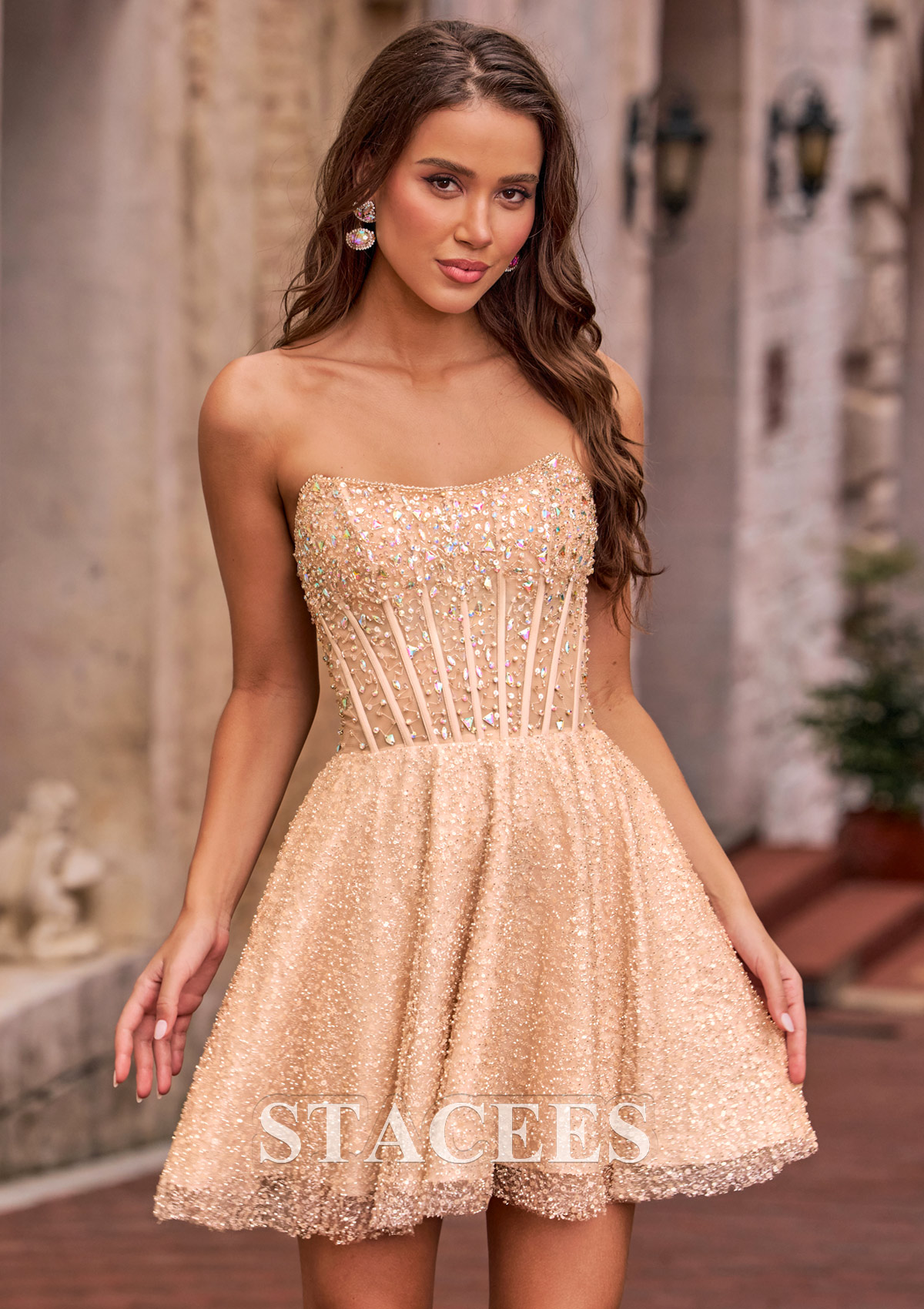 Champán Vestido línea a cuello cuadrado lentejuelas corto vestido para homecoming - STACEES