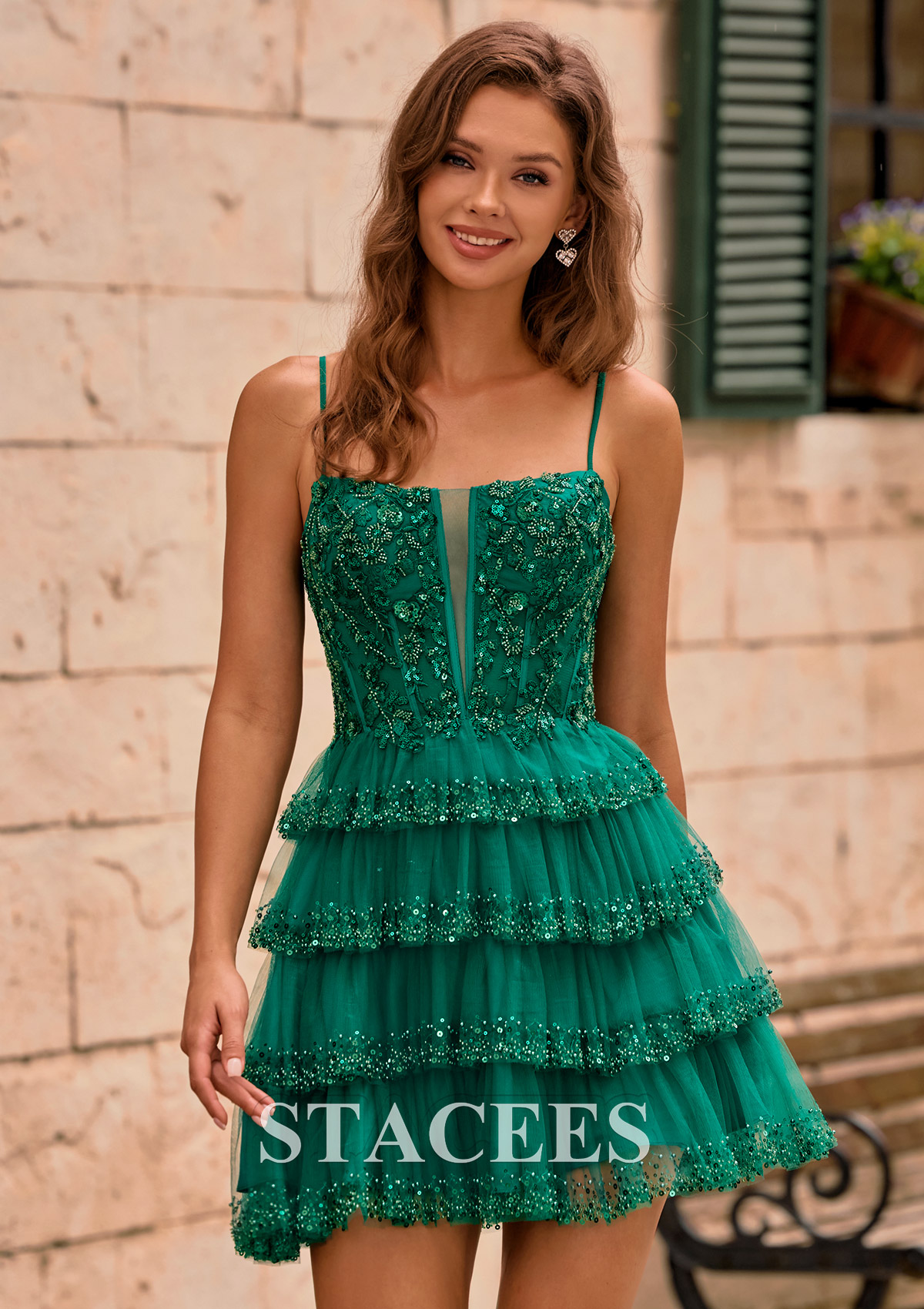 Dark Green A-line Square Neckline Embellished Tiered Ruffle Homecoming Dress - STACEES
