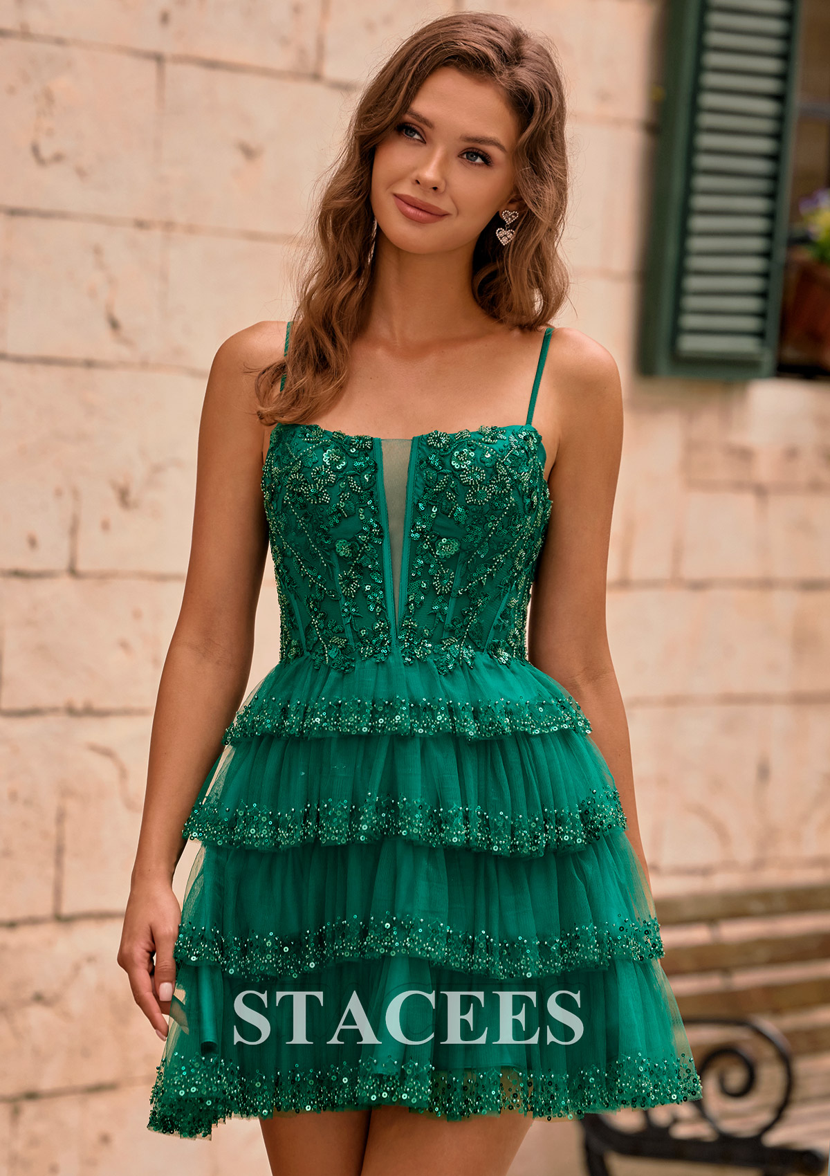 Dark Green A-line Square Neckline Embellished Tiered Ruffle Homecoming Dress - STACEES