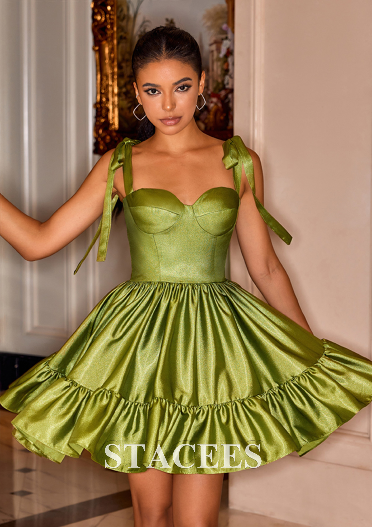 Celadon A-line Sweetheart Ruffle Homecoming Dress with Bow Straps - STACEES