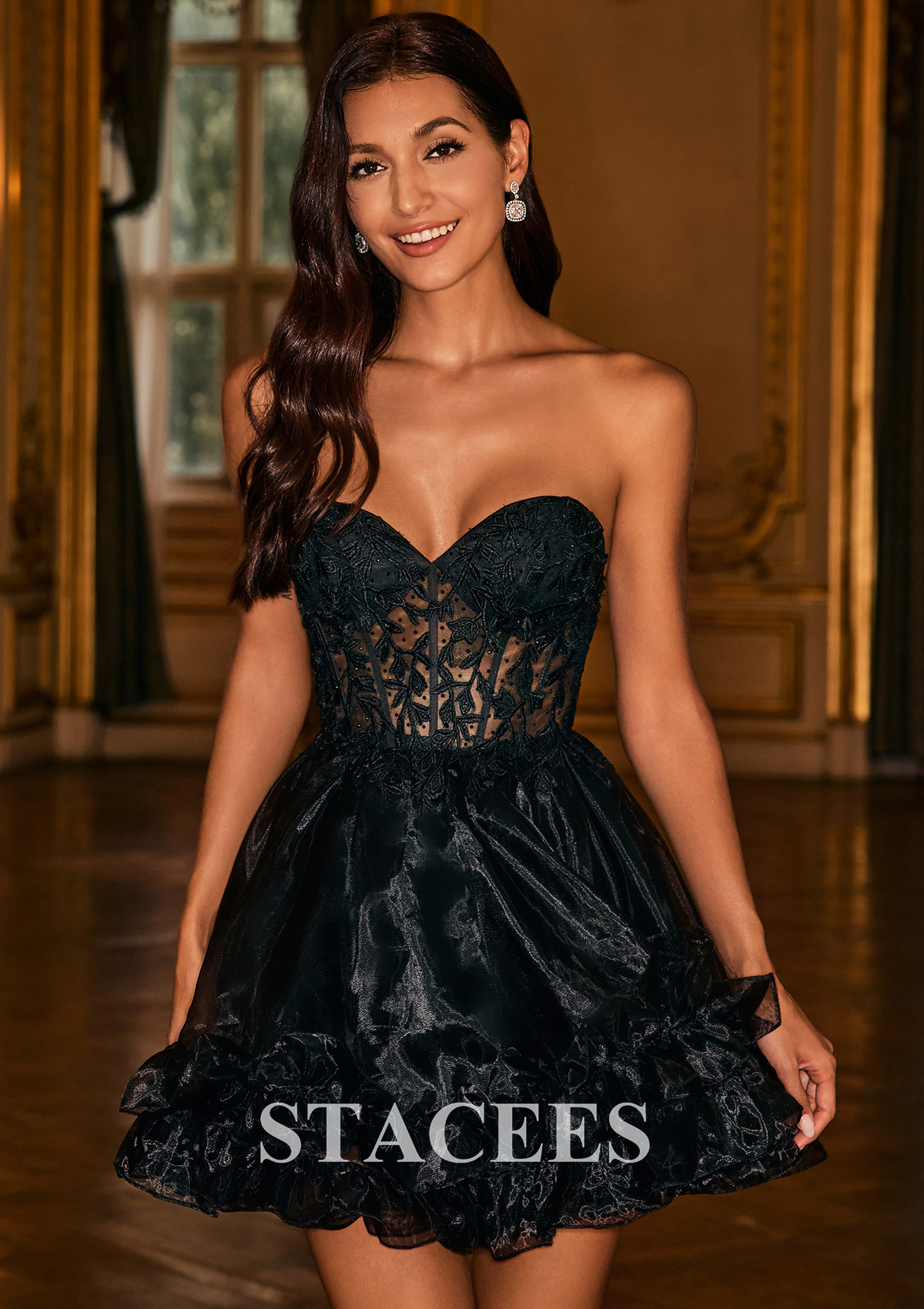 Black A-line Strapless Ruffle Organza Homecoming Dress with Lace Sheer Corset - STACEES