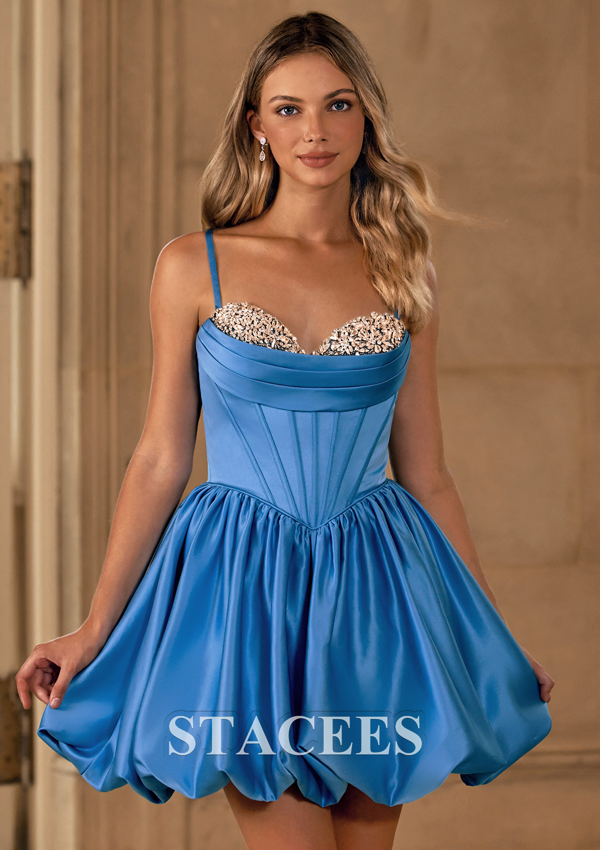 Blue Jay A-line Sweetheart Ruched Crystal Corset Satin Bubble Homecoming Dress  - STACEES
