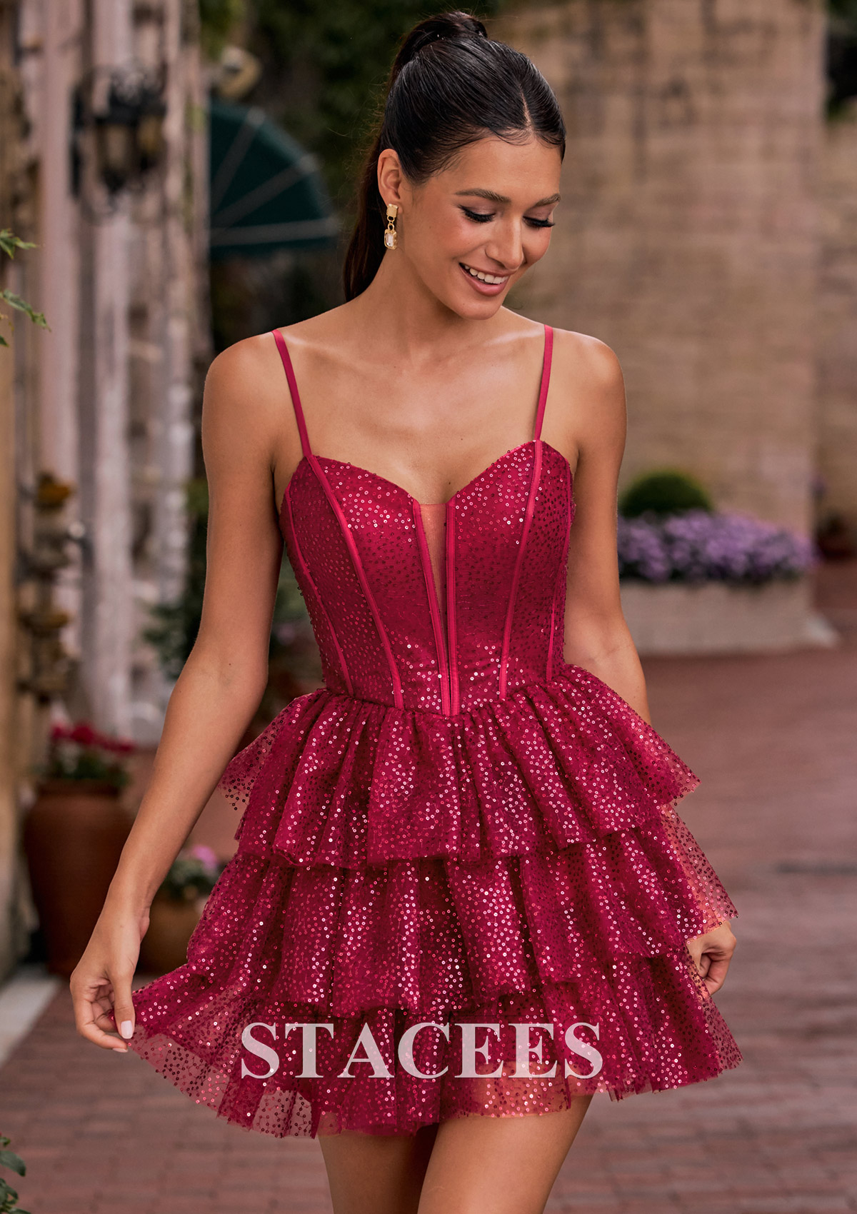 Burgundy A-line Sweetheart Sequin Ruffle Tiered Homecoming Dress - STACEES