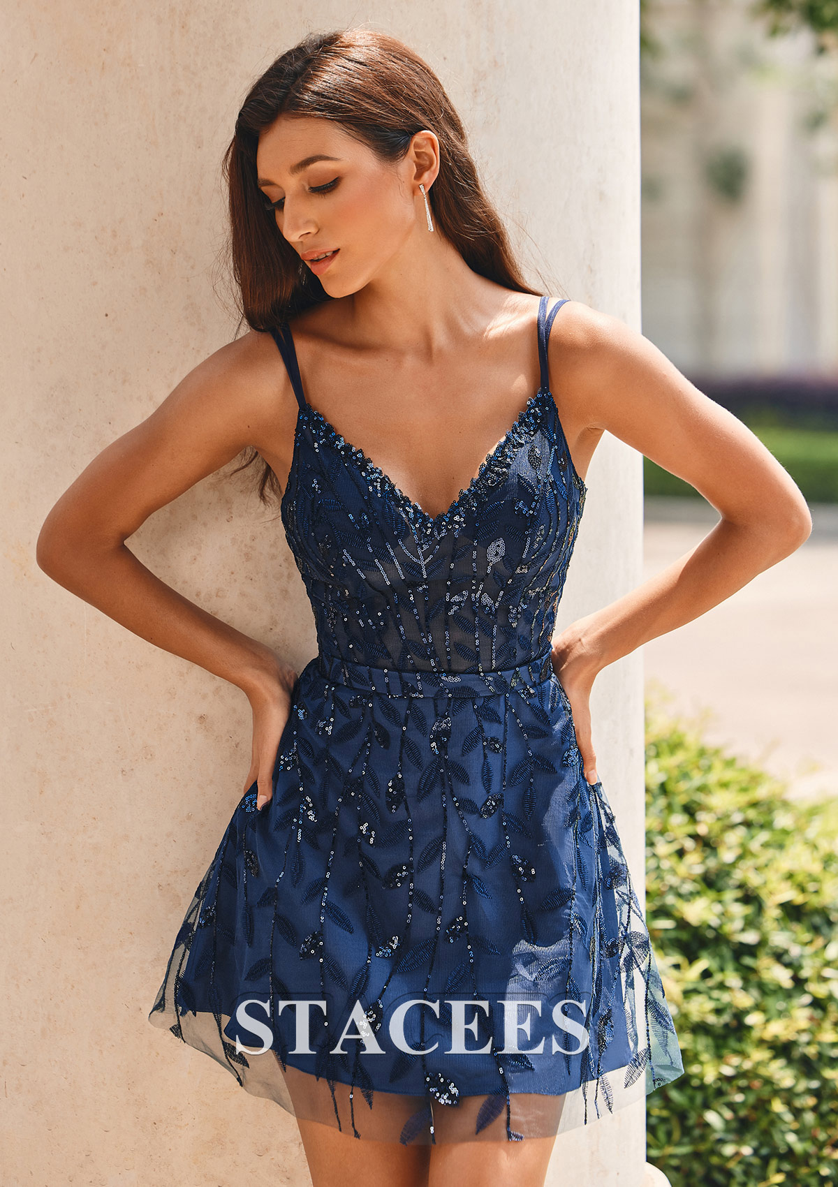 Bleu marine foncé Robe trapèze col en v tulle courte/mini robe de fête de la rentrée  - STACEES