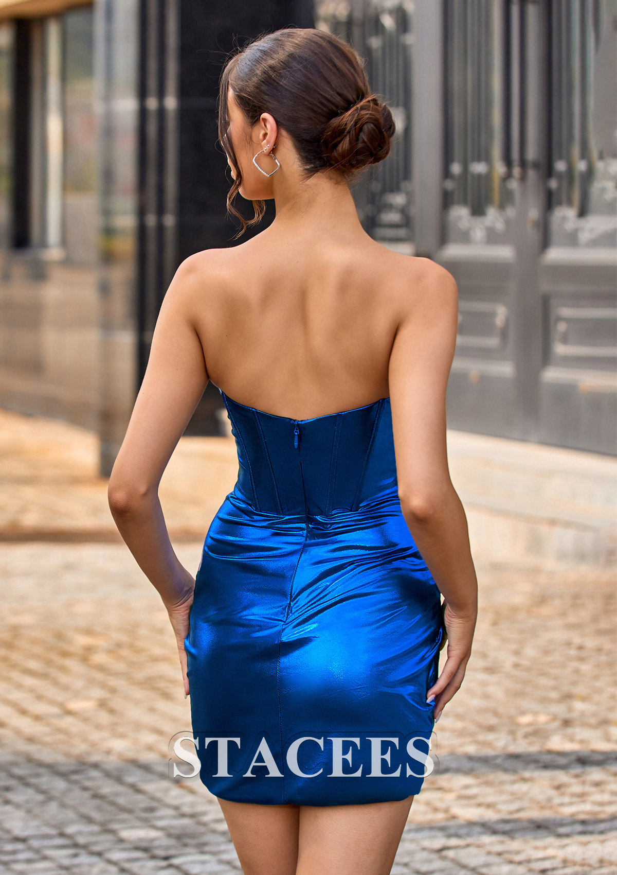 Bleu Océan Fourreau cache coeur métallique courte/mini robe de fête de la rentrée - STACEES