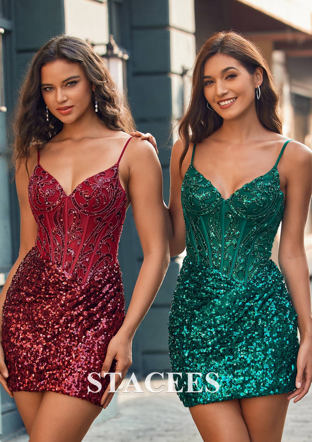 Burgundy Sheath/Column V Neck Short/Mini Sequined Homecoming Dress with Beading - STACEES