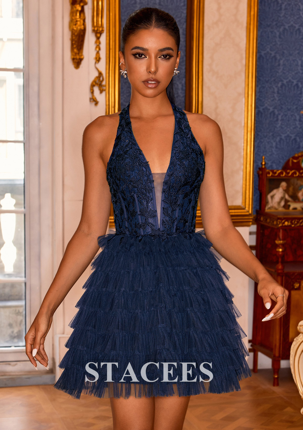 Dark Navy Vestido línea a cuello halter tul corto/mini vestido para homecoming - STACEES