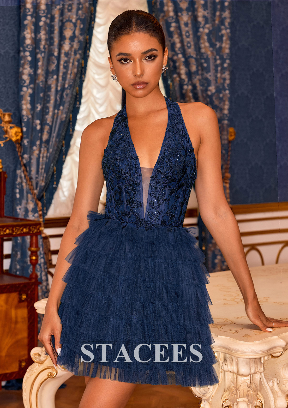 Dark Navy Vestido línea a cuello halter tul corto/mini vestido para homecoming - STACEES