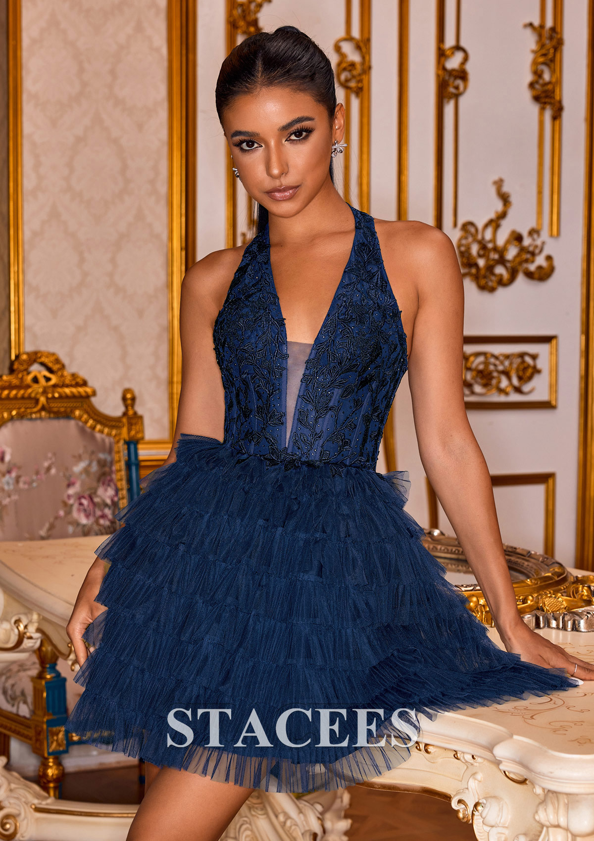 Dark Navy Vestido línea a cuello halter tul corto/mini vestido para homecoming - STACEES
