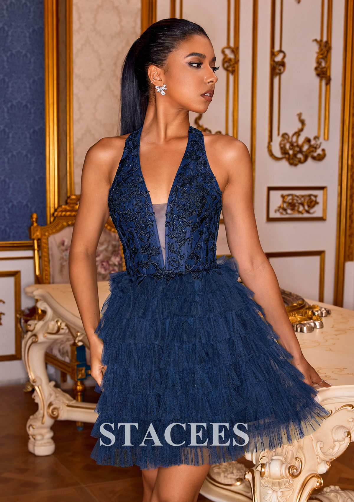 Dark Navy Vestido línea a cuello halter tul corto/mini vestido para homecoming - STACEES