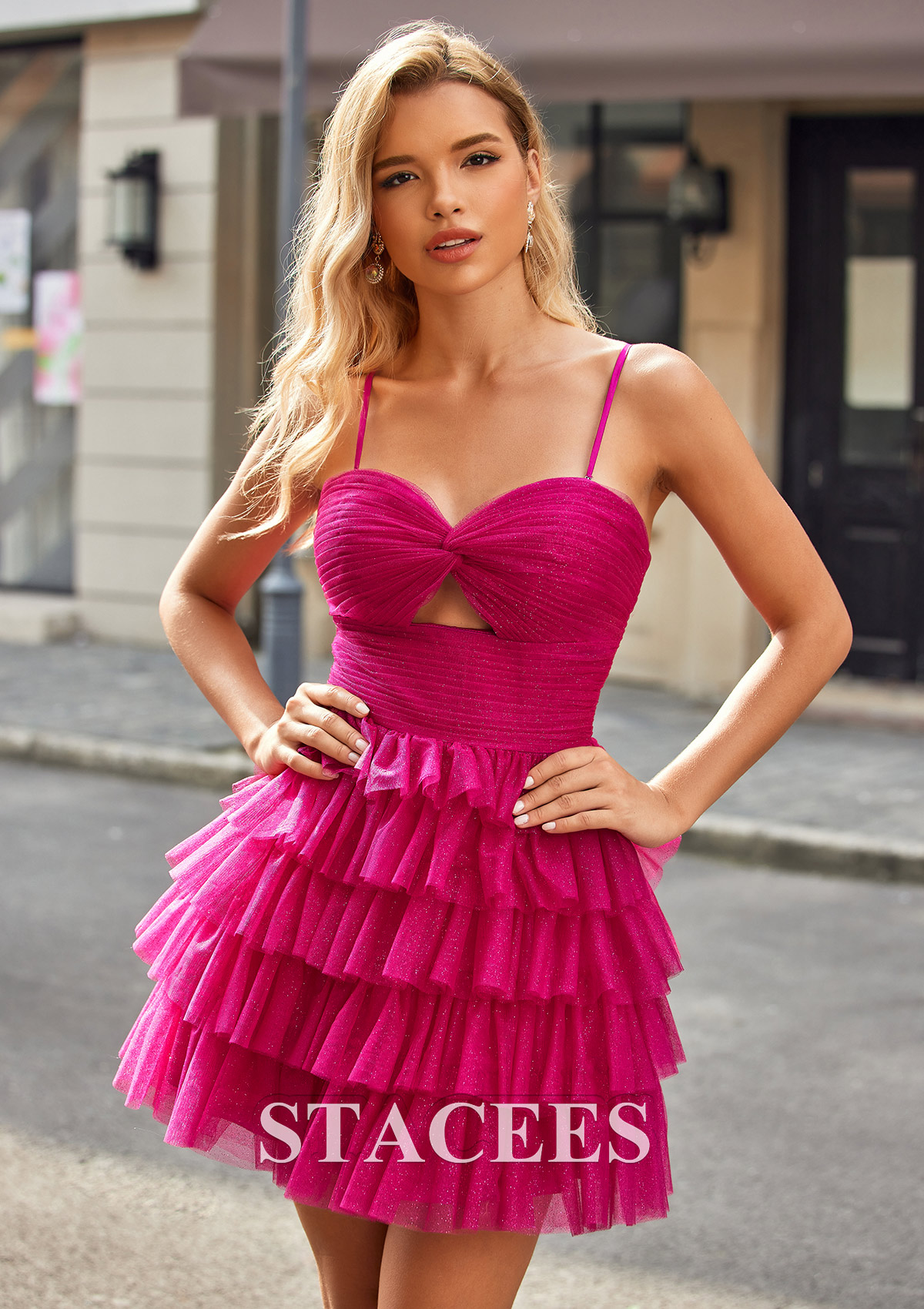 Magenta Robe trapèze cache coeur tulle courte/mini robe de fête de la rentrée - STACEES