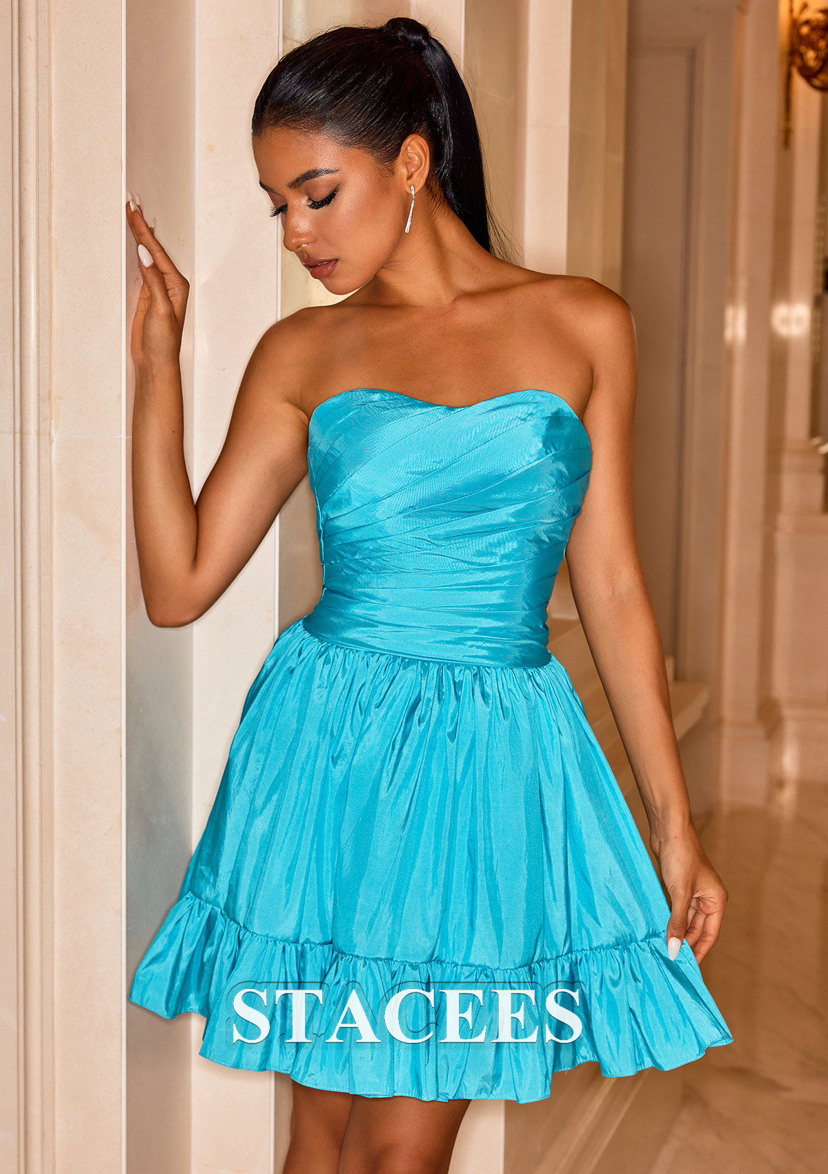 Bleu Robe trapèze cache coeur taffetas courte/mini robe de fête de la rentrée  - STACEES