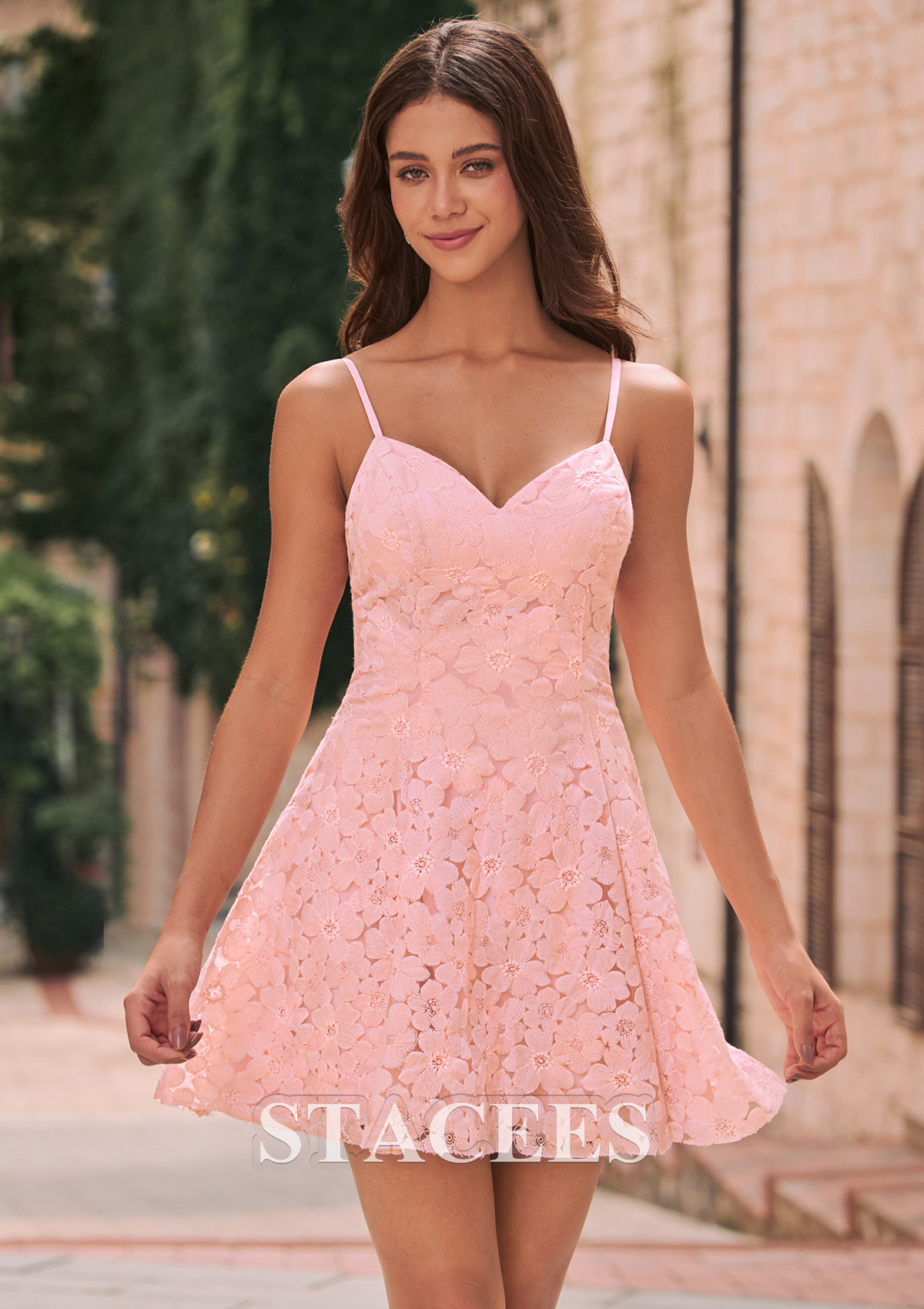 Blushing Pink Floral Lace V-Neck Bow Back A-Line Mini Homecoming Dress - STACEES