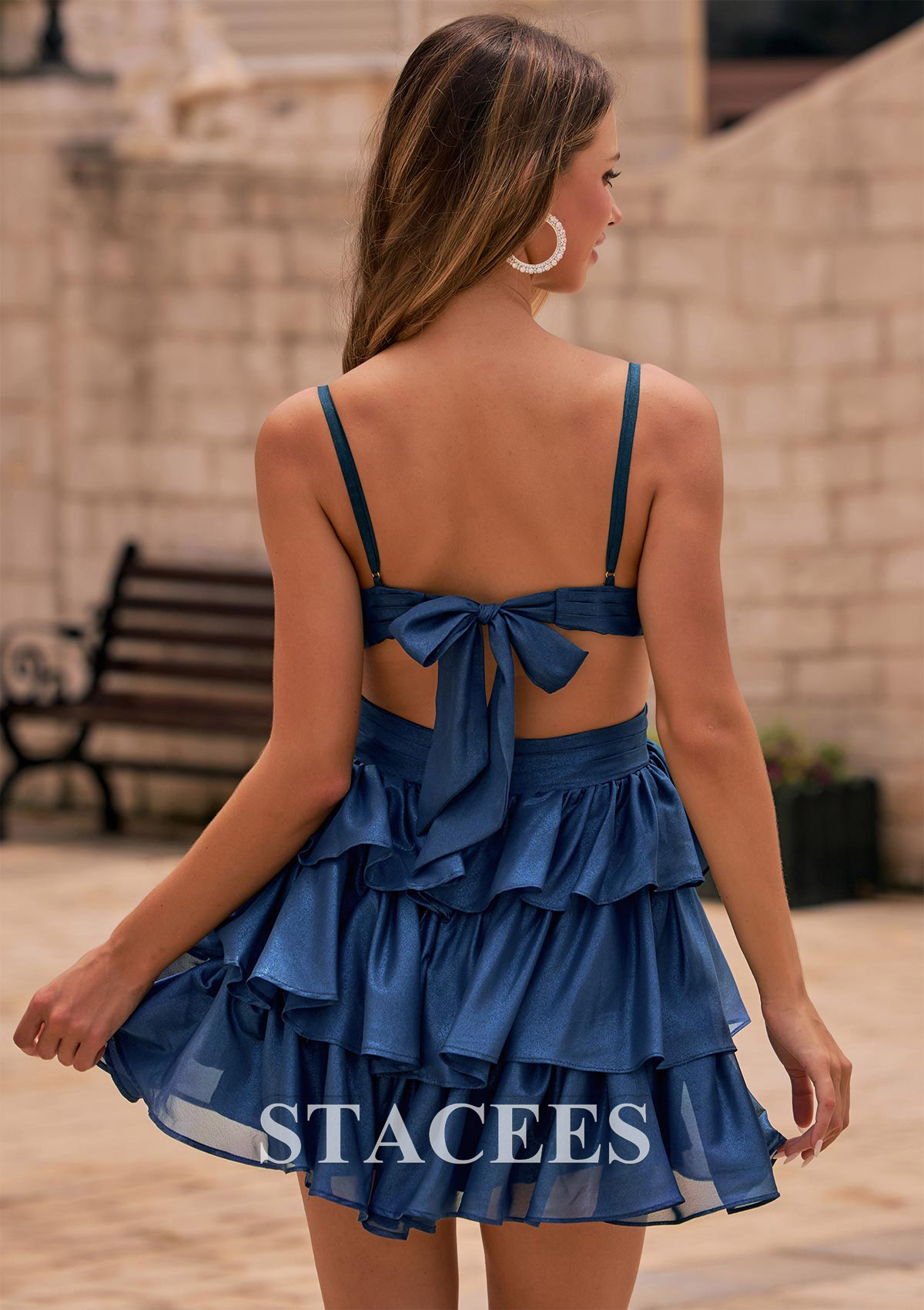 Navy Blue Glittering A-line V Neck Tiered Ruffle Cutout Homecoming Dress with Bow Back - STACEES