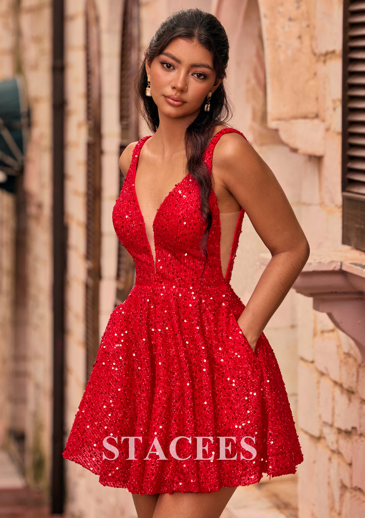 Rouge Robe trapèze col en v paillettes courte/mini robe de fête de la rentrée avec fermeture éclair - STACEES