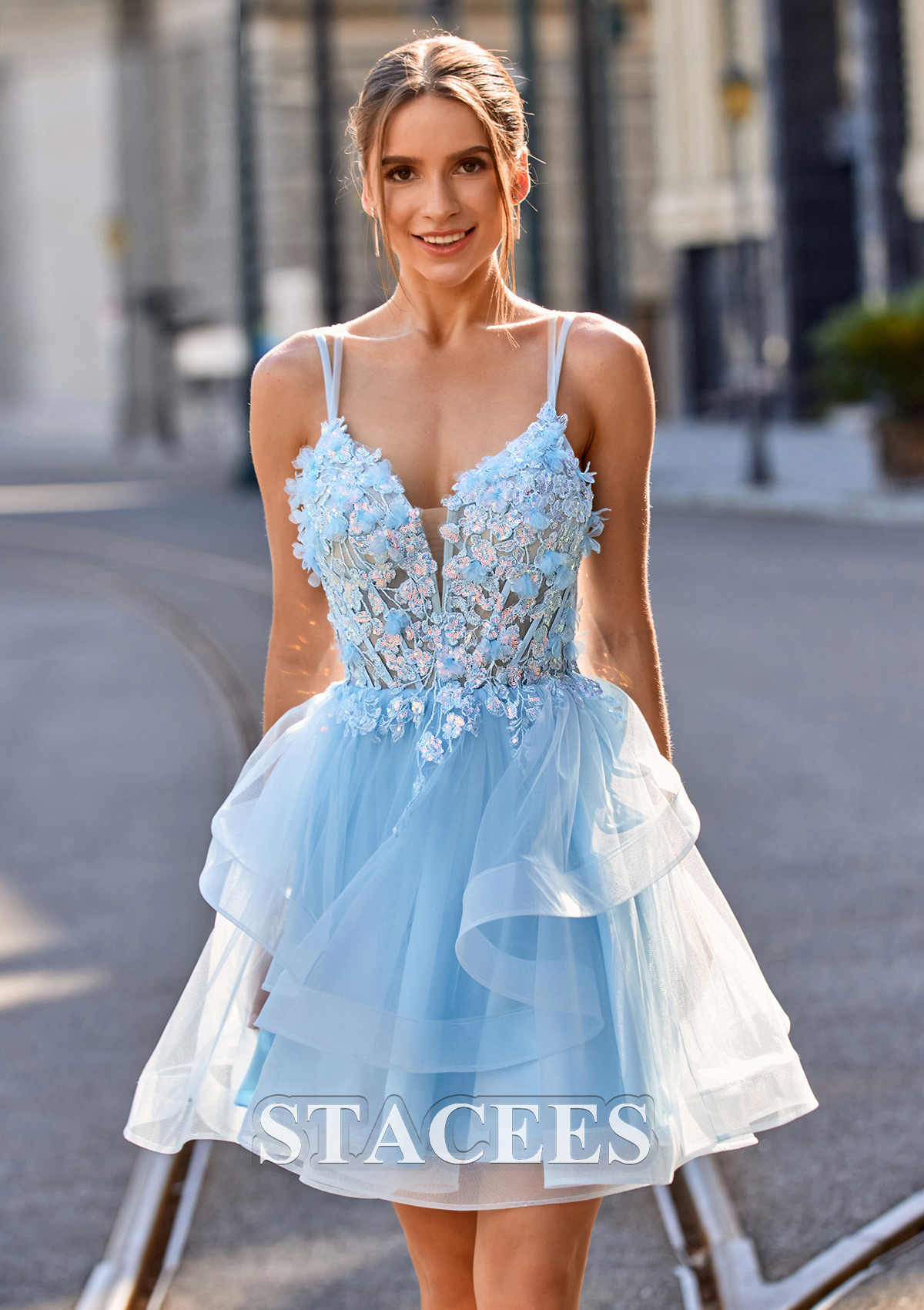 Bleu Ciel Robe trapèze col en v tulle courte/mini robe de fête de la rentrée - STACEES