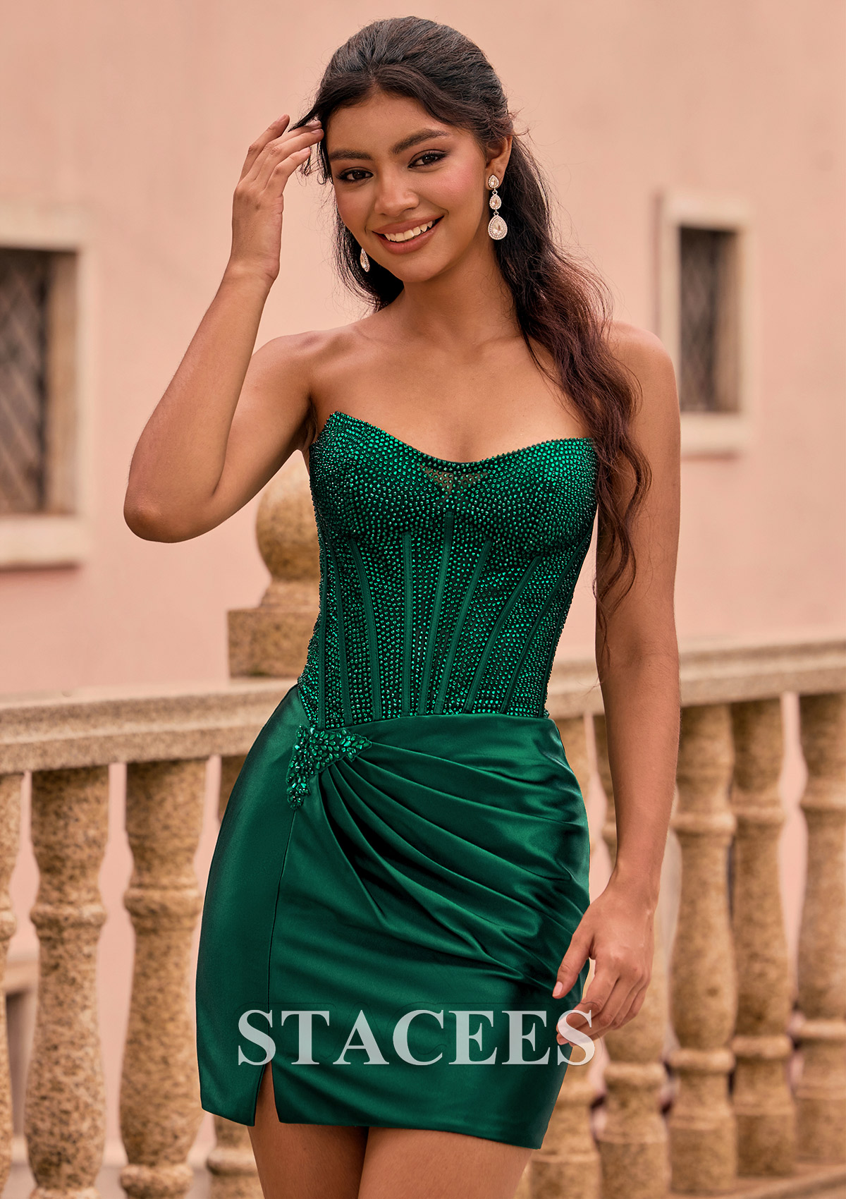 Vert Foncé Fourreau scoop soie comme du satin courte/mini robe de fête de la rentrée avec perles plissé - STACEES