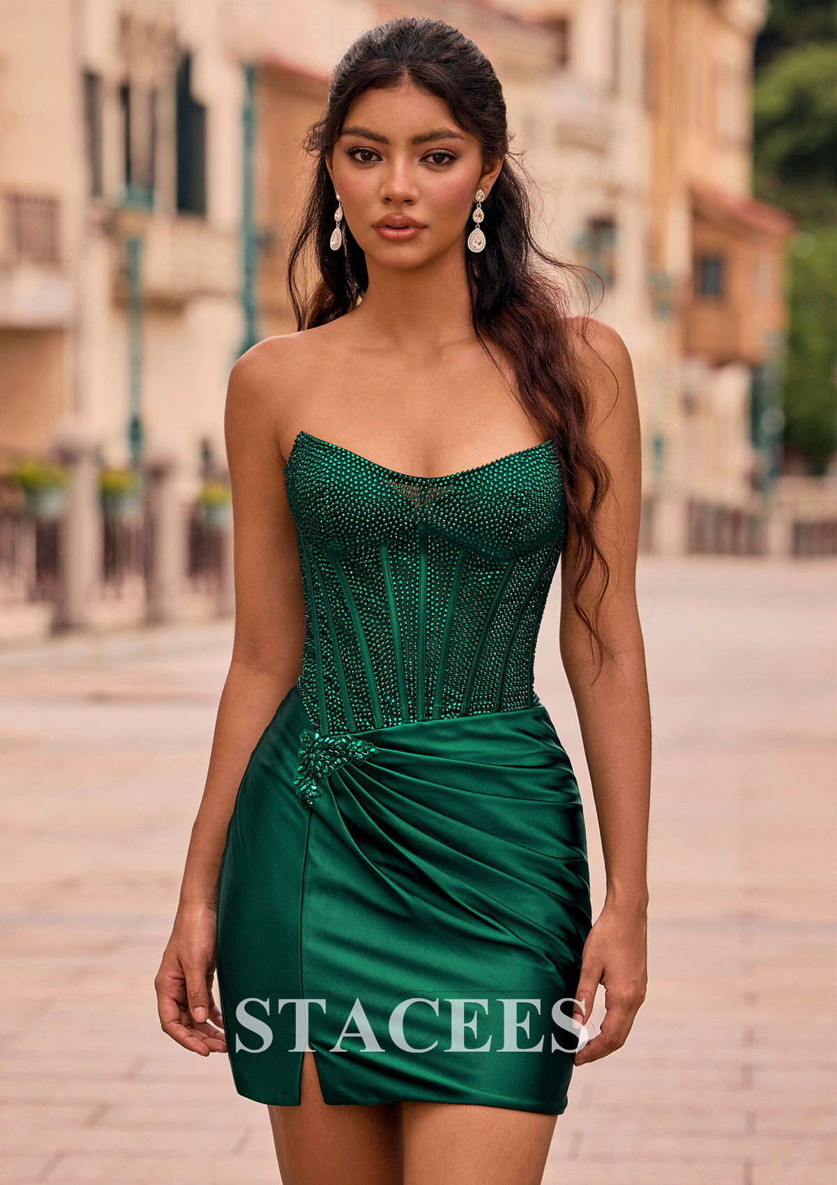 Vert Foncé Fourreau scoop soie comme du satin courte/mini robe de fête de la rentrée avec perles plissé - STACEES