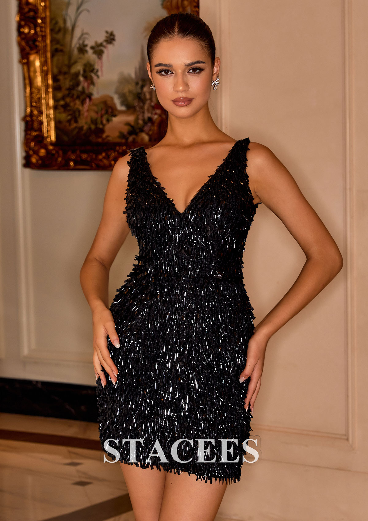 Noir Fourreau col en v paillettes courte/mini robe de bal  - STACEES