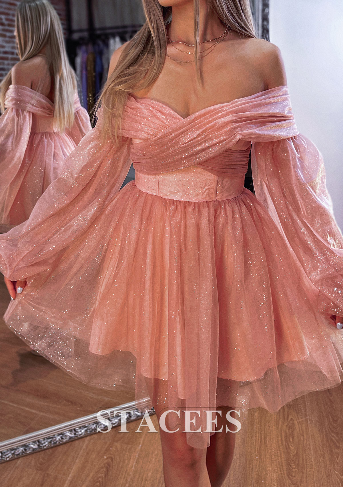 pink homecoming dresses with sleeves Stacees OffintheinShoulder Dress Glitters Detachable Long hoco dresses