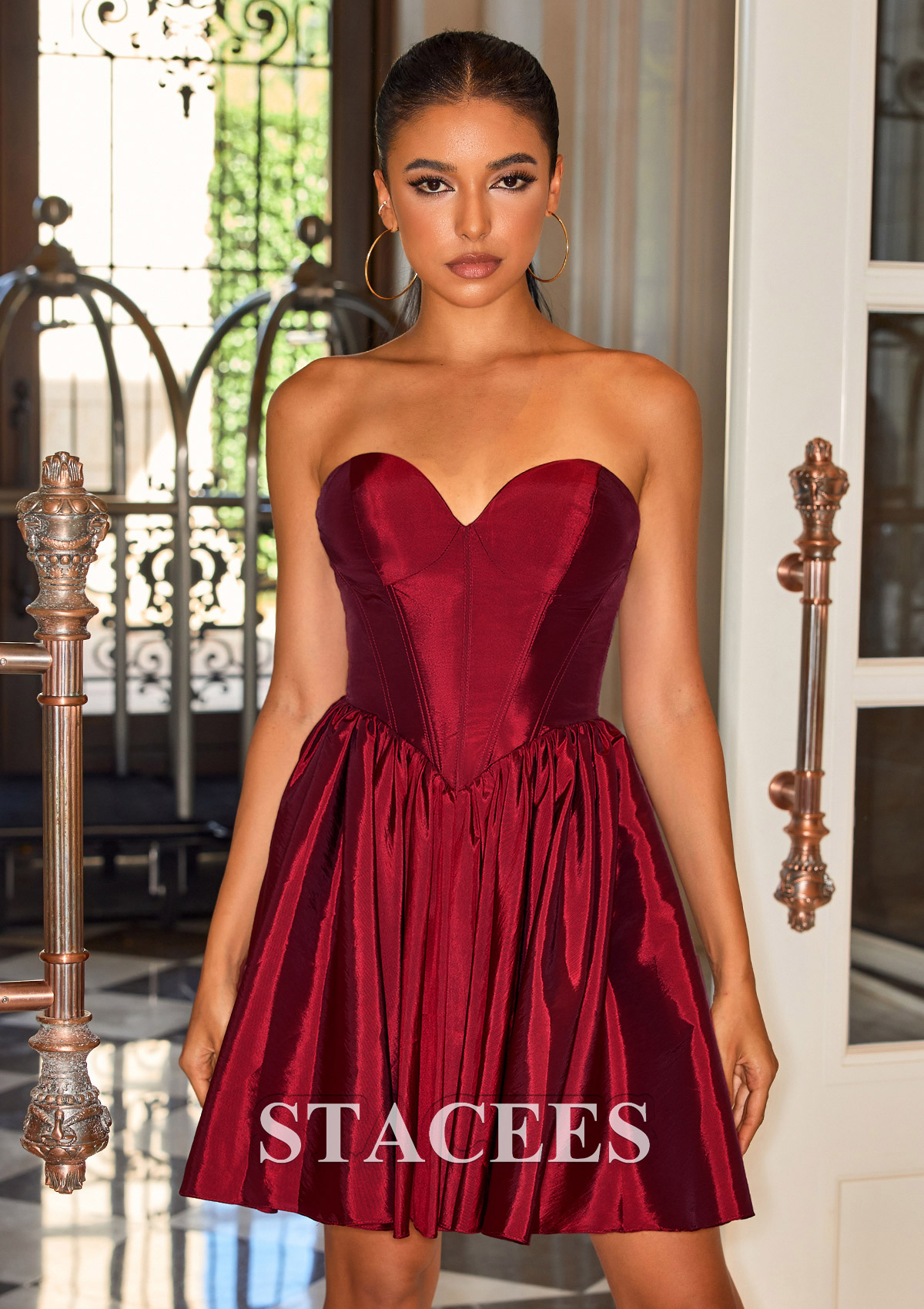 Burgundy A-line Strapless Taffeta Corset Homecoming Dress - STACEES