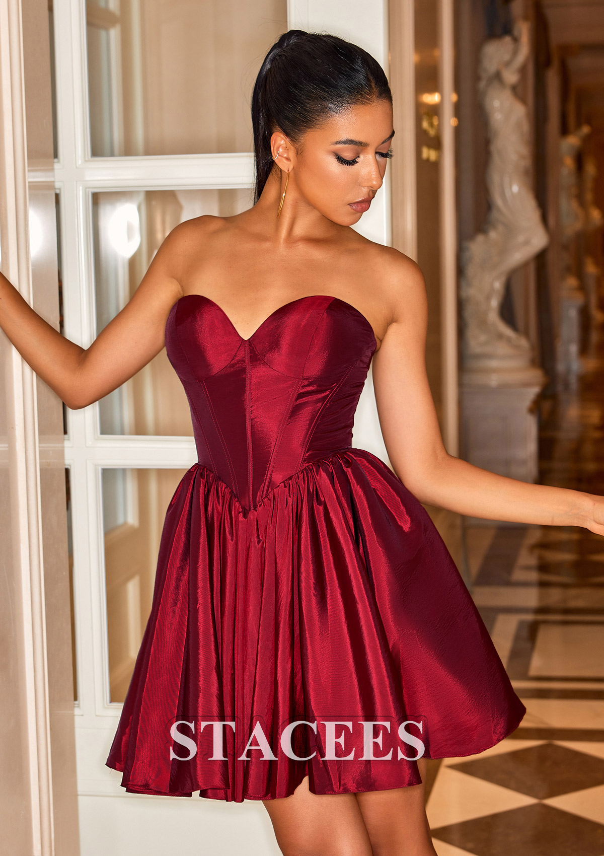 Burgundy A-line Strapless Taffeta Corset Homecoming Dress - STACEES