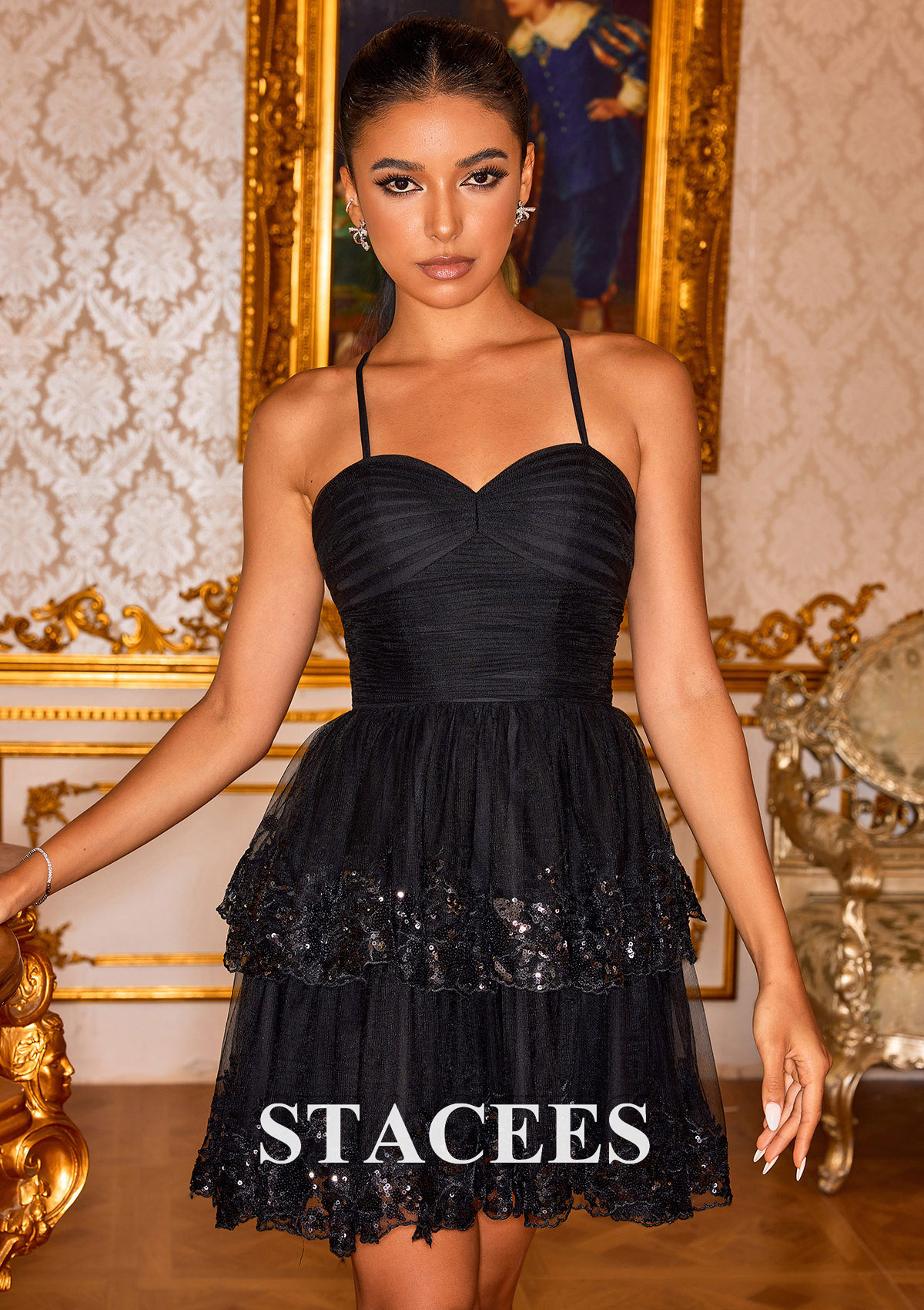 Noir Robe trapèze cache coeur tulle courte/mini robe de fête de la rentrée  - STACEES