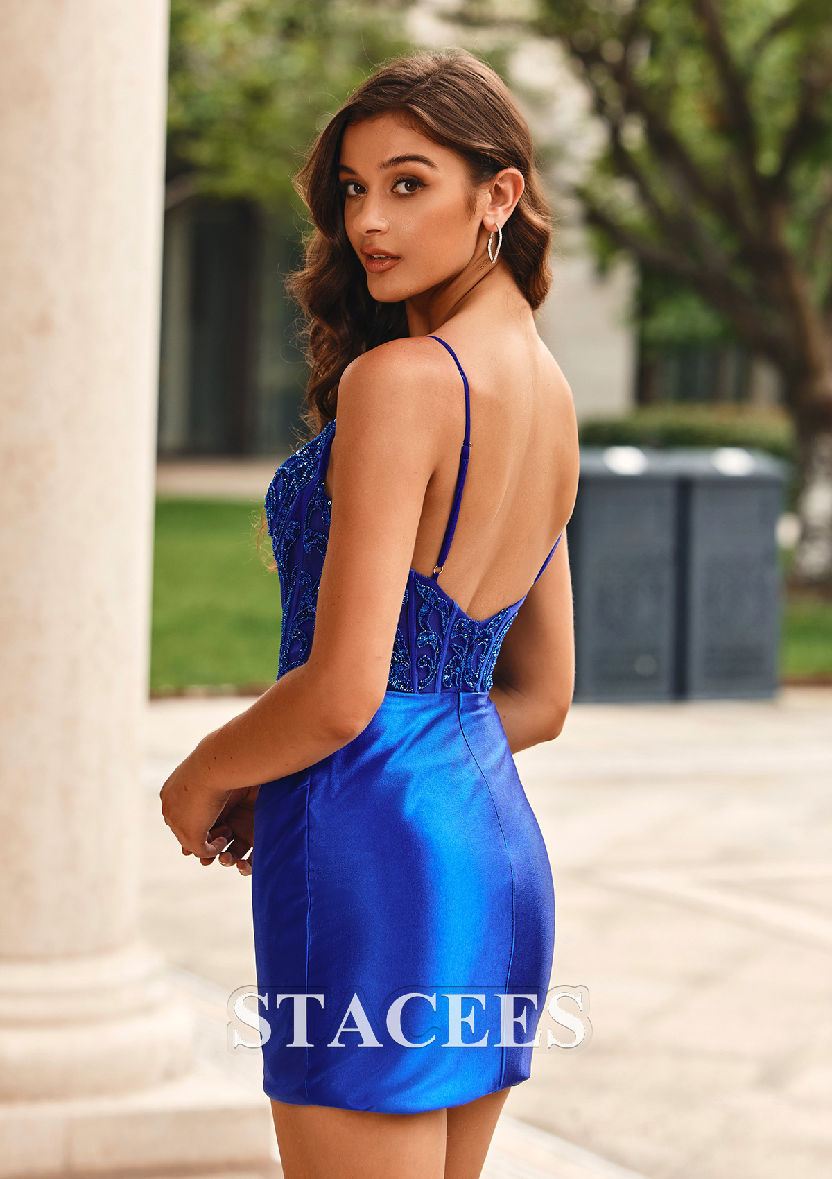 Royal Blue Sheath/Column V Neck Short/Mini Silk like Satin Homecoming Dress with Beading Pleated Sequins - STACEES